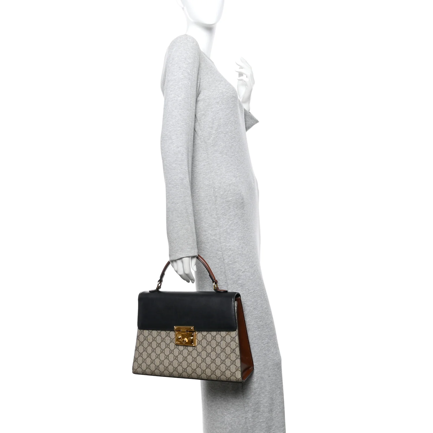 GG Supreme Monogram Calfskin Medium Padlock Top Handle Bag Beige Black Cuir - Image 2