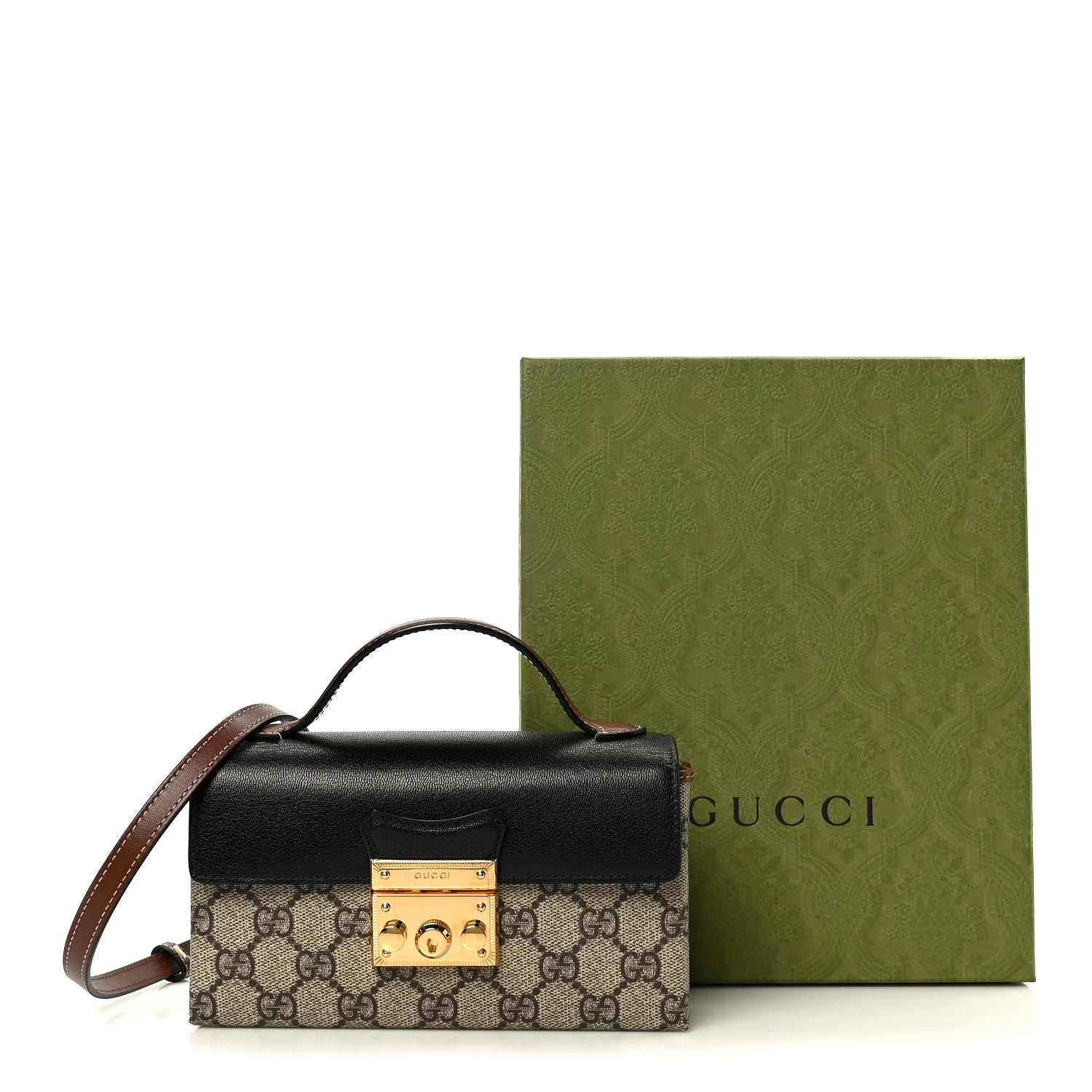 GG Supreme Monogram Calfskin Mini Padlock Top Handle Shoulder Bag Beige Black Cuir - Image 11