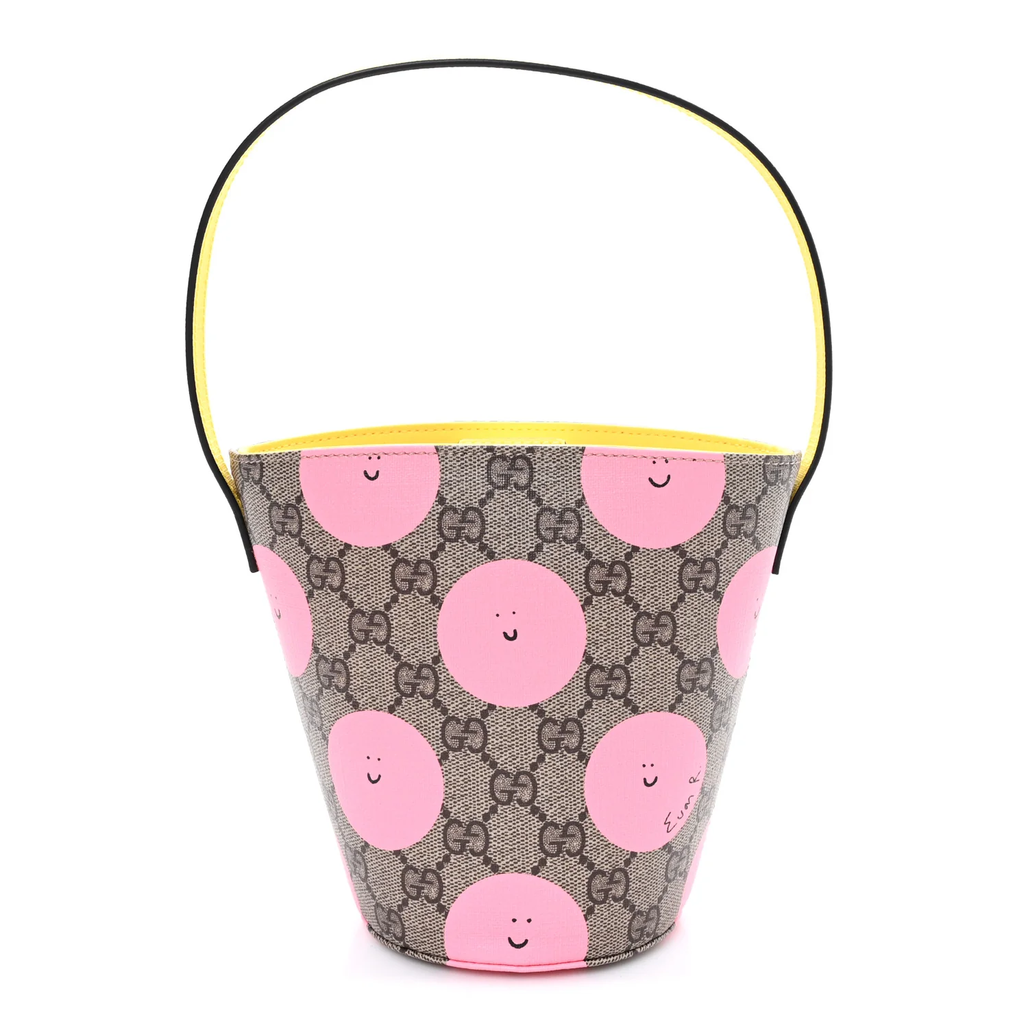 GG Supreme Monogram Childrens Printed Smile Bucket Bag Beige Dark Brown Yellow Pink