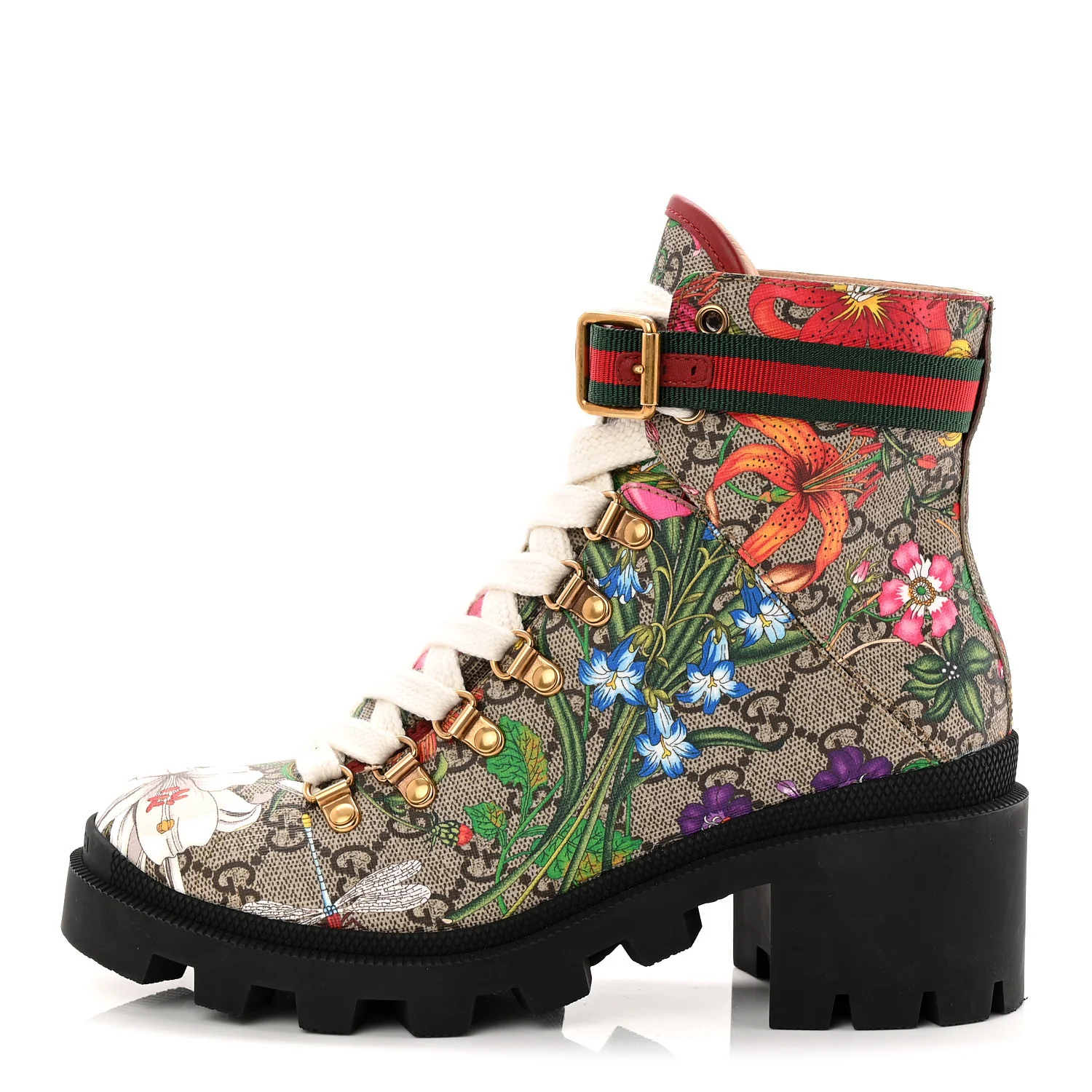 GG Supreme Monogram Flora Lace Up Combat Ankle Boots 37 Beige Multicolor Red