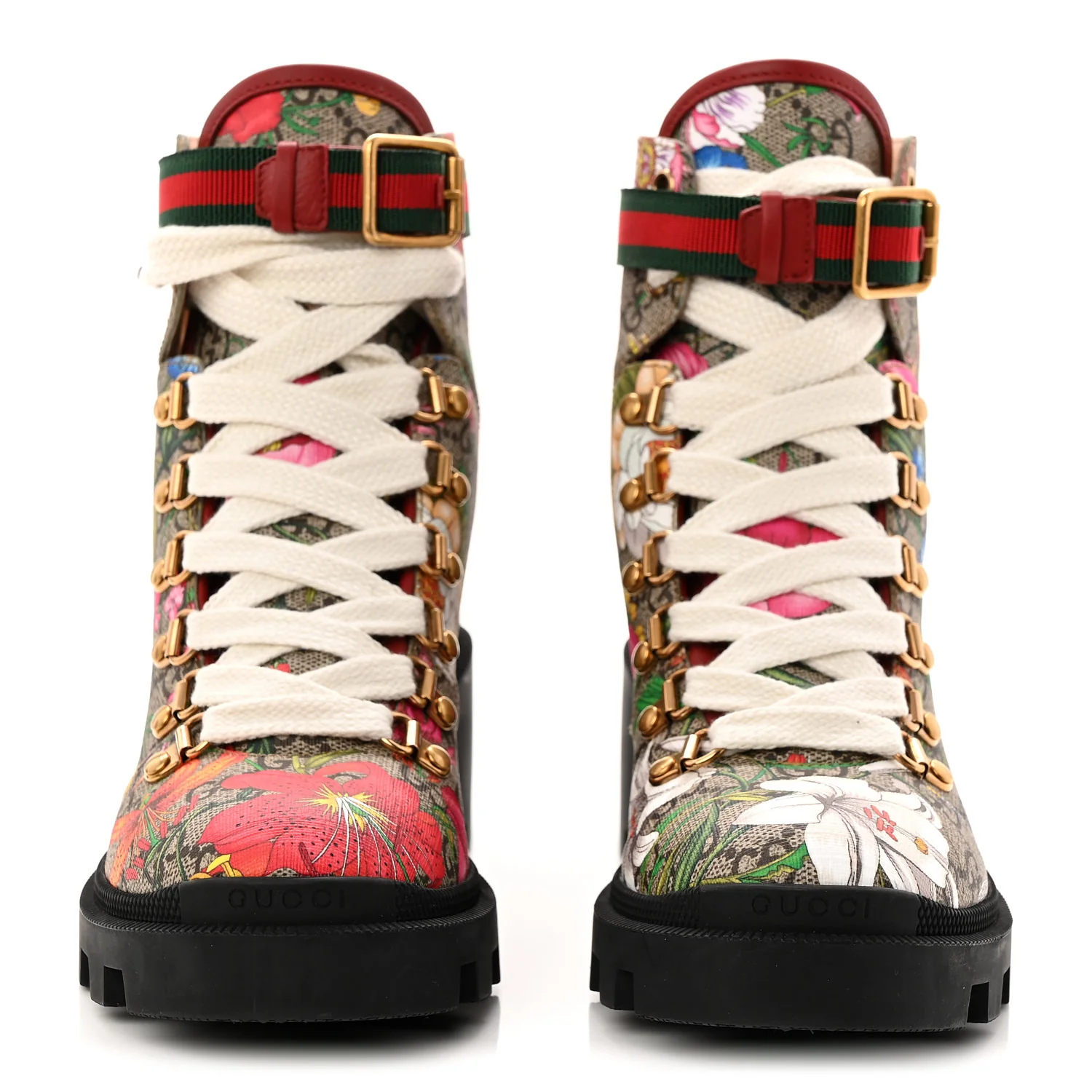 GG Supreme Monogram Flora Lace Up Combat Ankle Boots 37 Beige Multicolor Red - Image 3