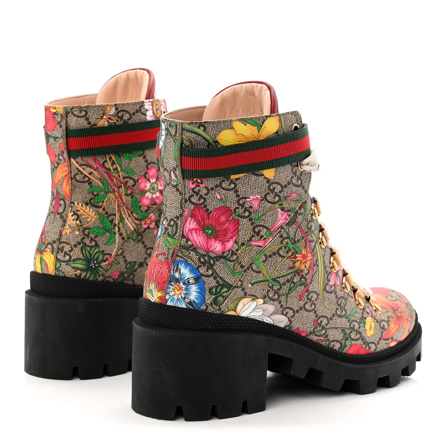 GG Supreme Monogram Flora Lace Up Combat Ankle Boots 37 Beige Multicolor Red - Image 5