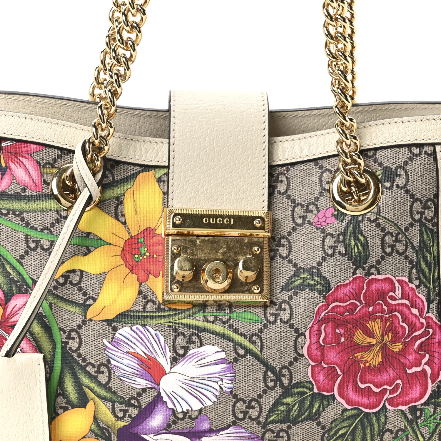 GG Supreme Monogram Flora Textured Calfskin Small Padlock Tote Beige Ebony Multicolor Mystic White - Image 7