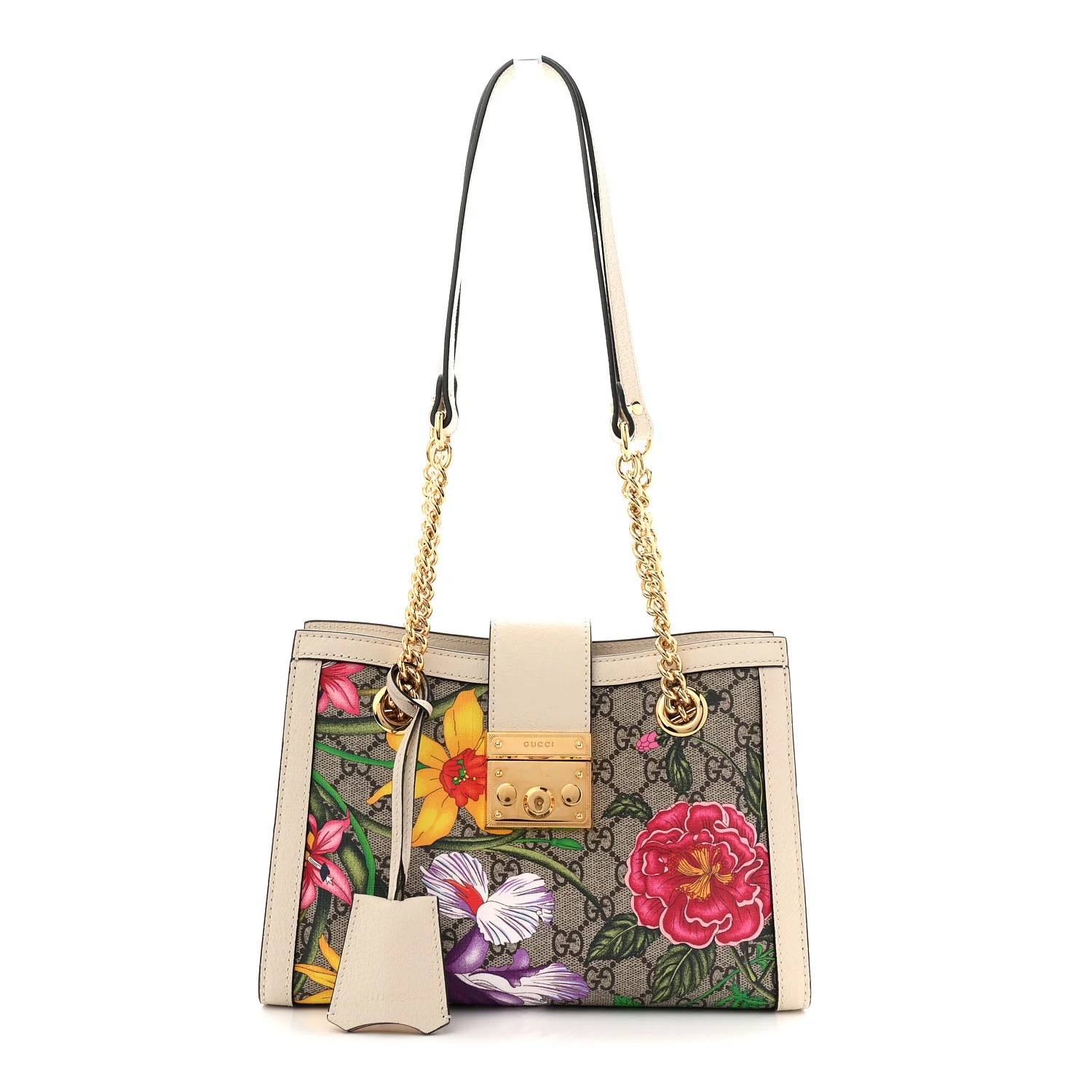 GG Supreme Monogram Flora Textured Calfskin Small Padlock Tote Beige Ebony Multicolor Mystic White
