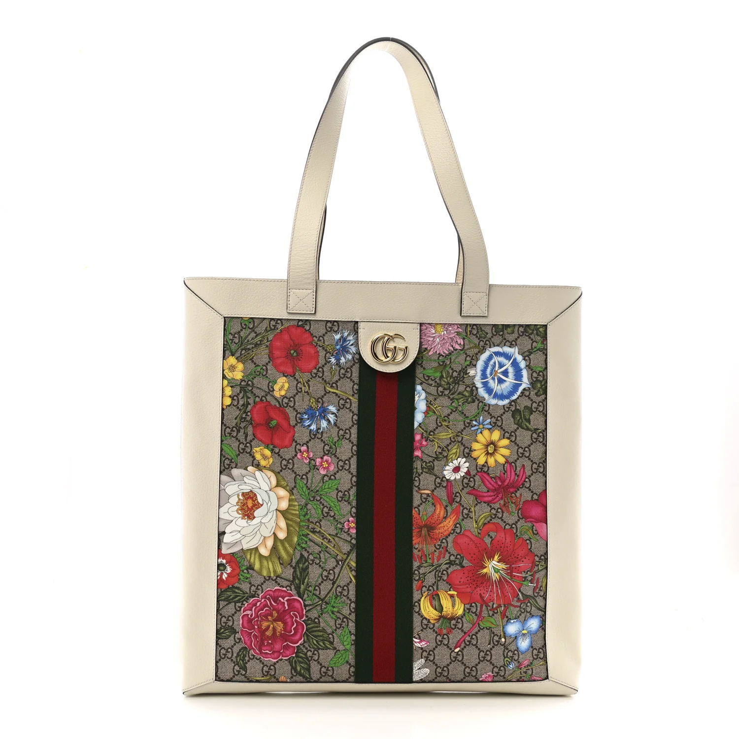 GG Supreme Monogram Flora Web Ophidia Vertical Shopping Tote White