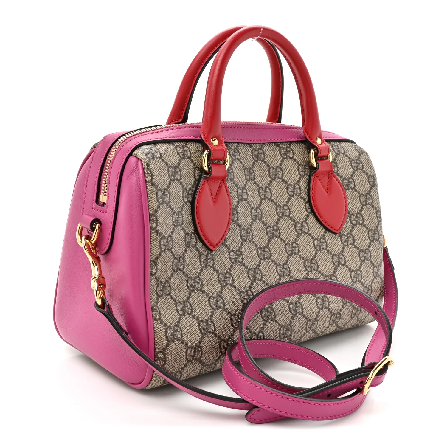 GG Supreme Monogram Moon Calfskin Small Boston Beige Ebony Hibiscus Red New Rosette - Image 3