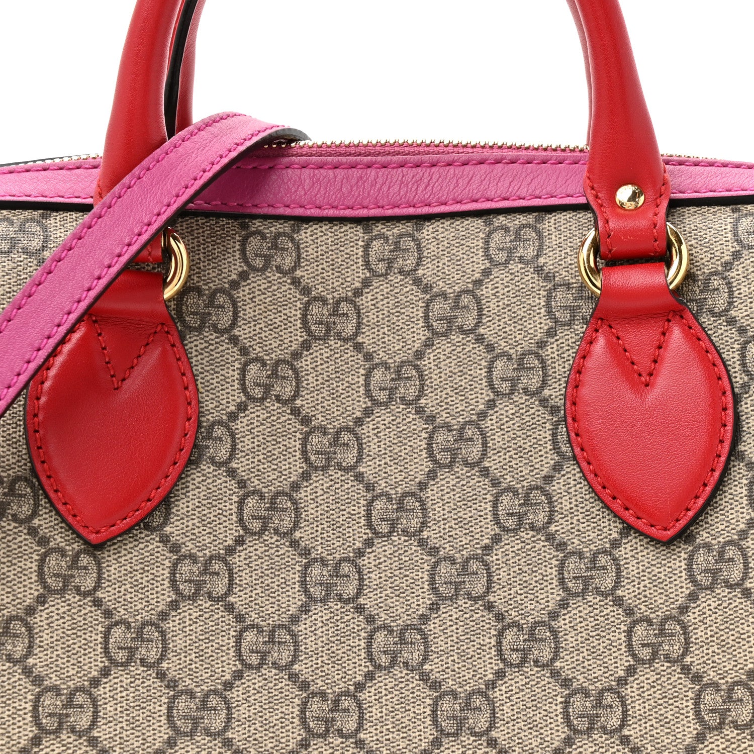 GG Supreme Monogram Moon Calfskin Small Boston Beige Ebony Hibiscus Red New Rosette - Image 8