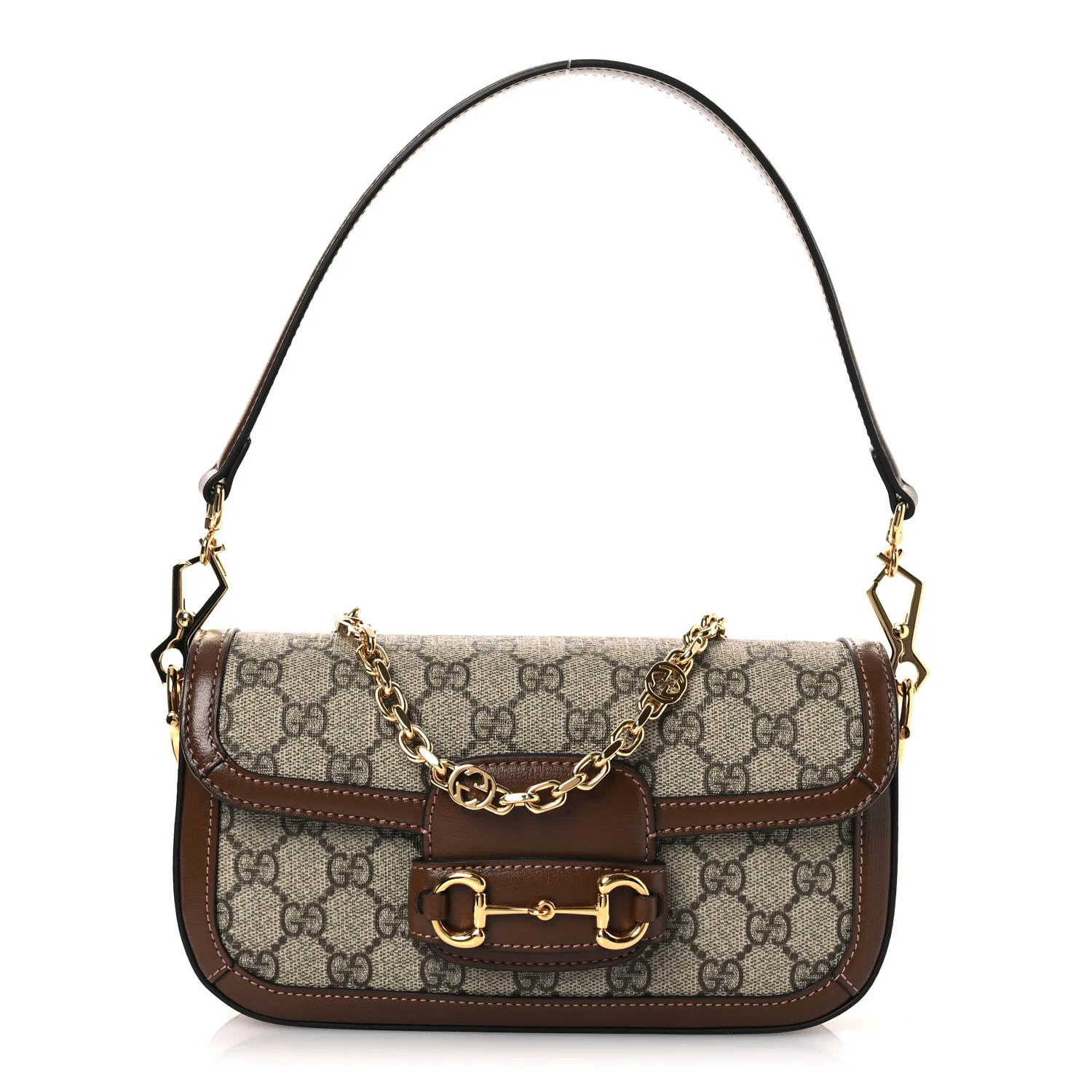 GG Supreme Monogram Small Horsebit 1955 Chain Shoulder Bag Beige Ebony Brown Sugar