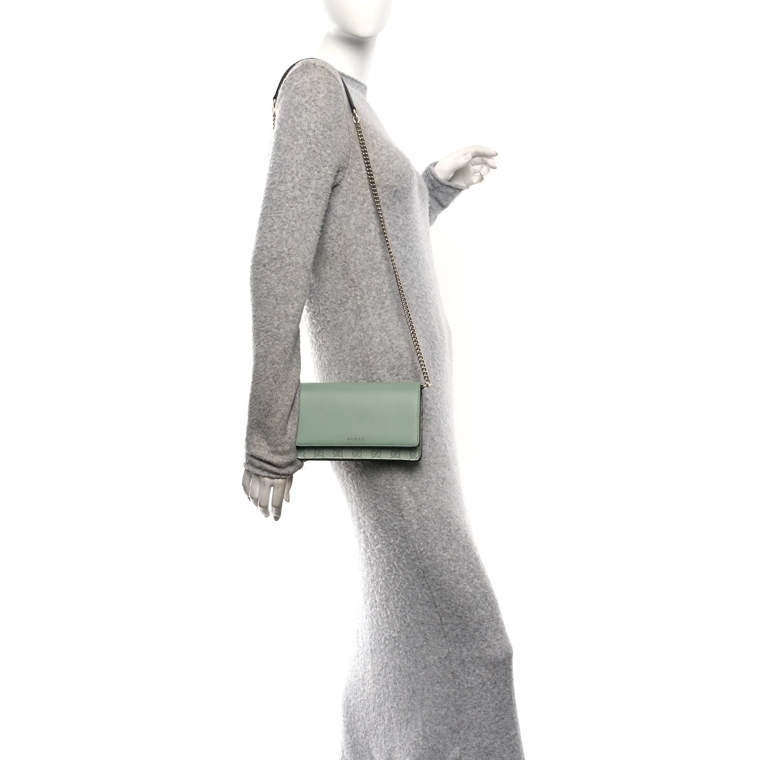 GG Supreme Monogram Textured Calfskin Emblem Wallet On Chain Sage Green - Image 2