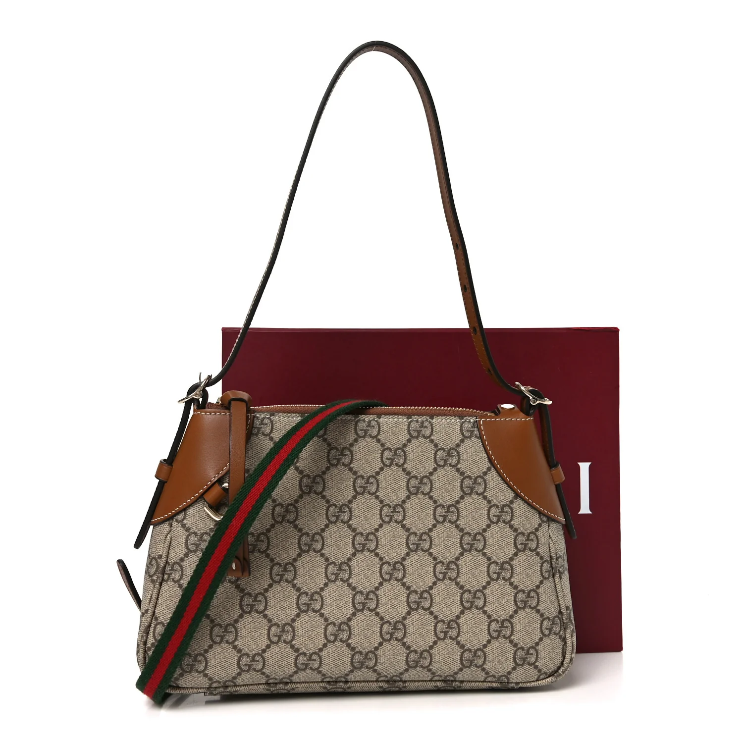 GG Supreme Monogram Textured Calfskin Small Emblem Shoulder Bag Beige Dark Brown - Image 11
