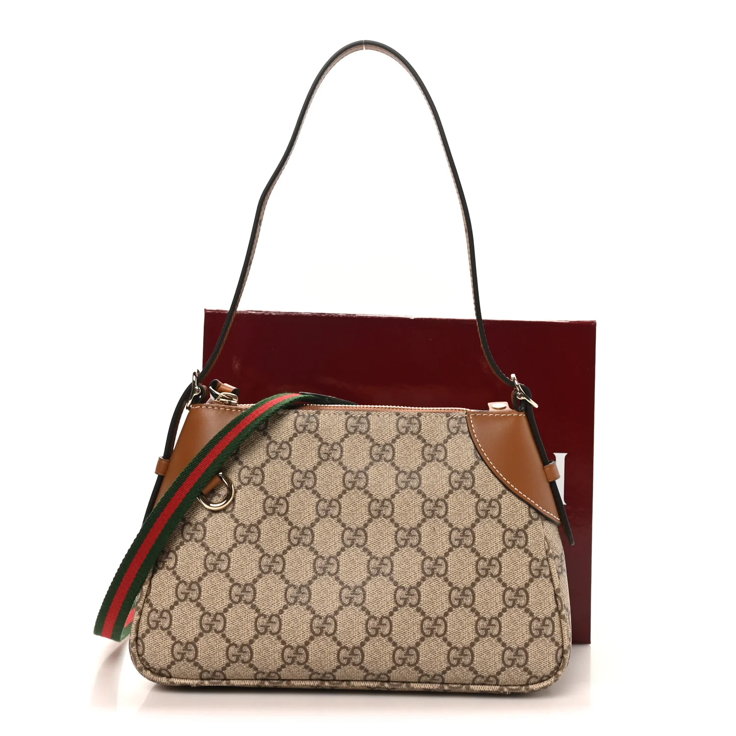 GG Supreme Monogram Textured Calfskin Small Emblem Shoulder Bag Beige Dark Brown - Image 10