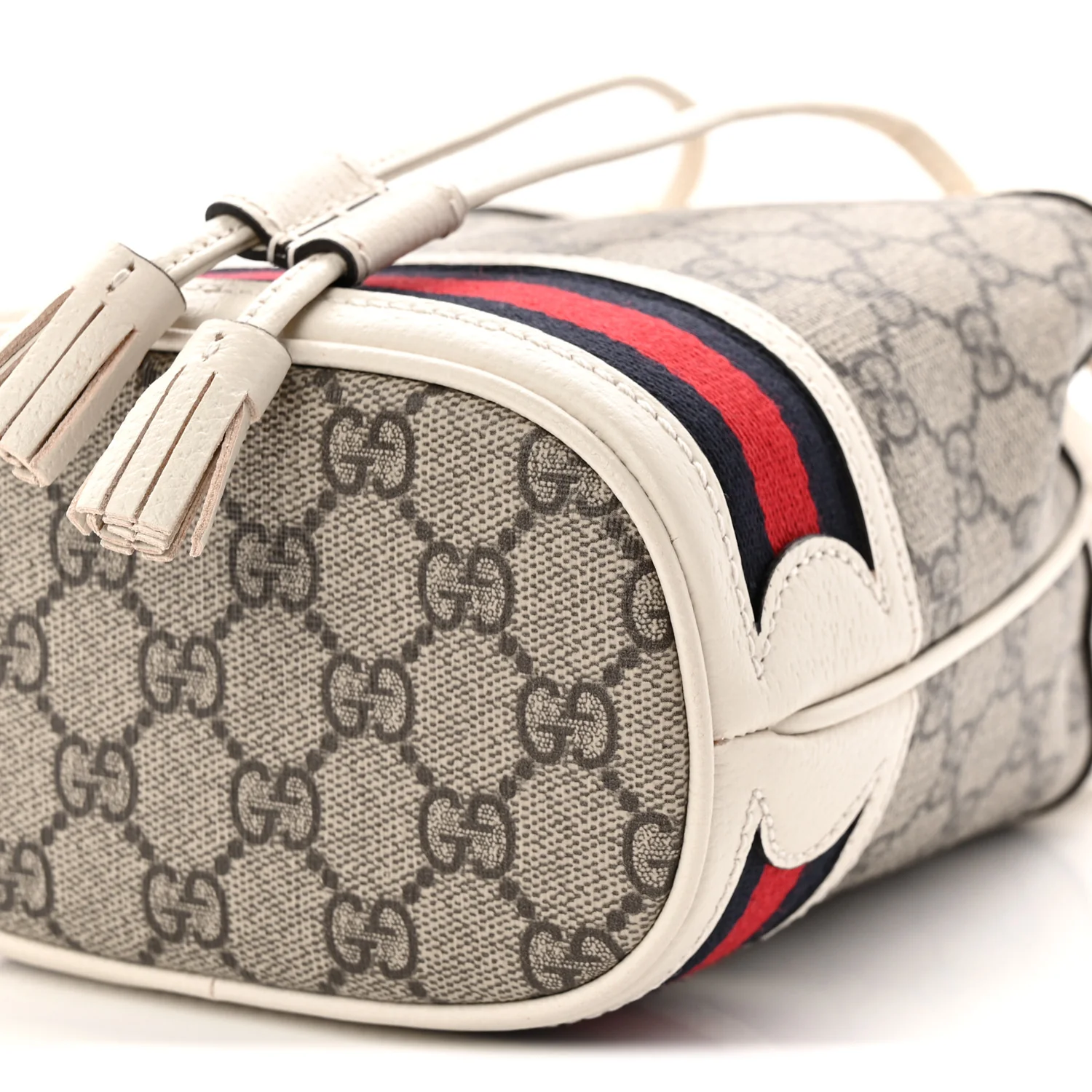 GG Supreme Monogram Textured Calfskin Web Mini Ophidia Bucket Bag Beige Ebony Mystic White - Image 10