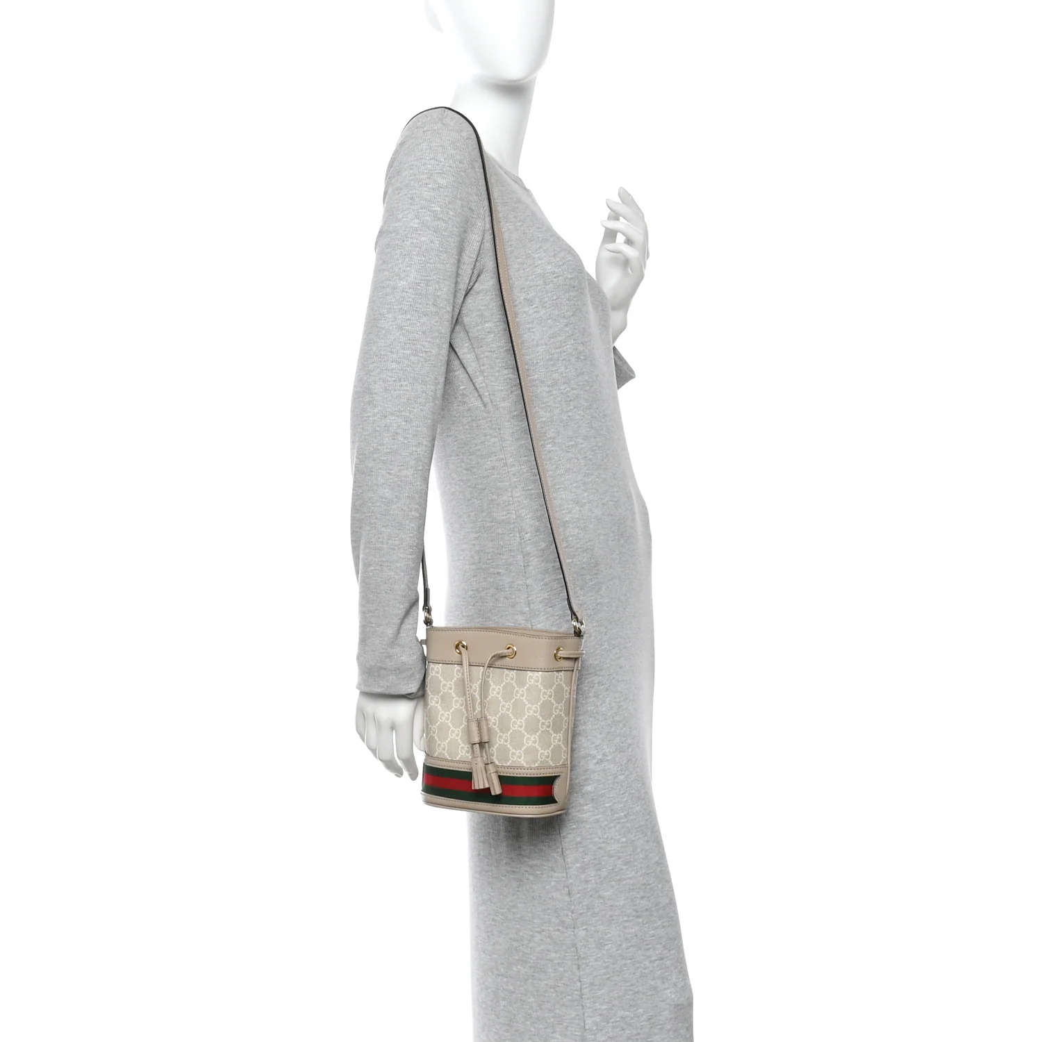 GG Supreme Monogram Textured Calfskin Web Mini Ophidia Bucket Bag Beige Ebony Mystic White Oatmeal - Image 2