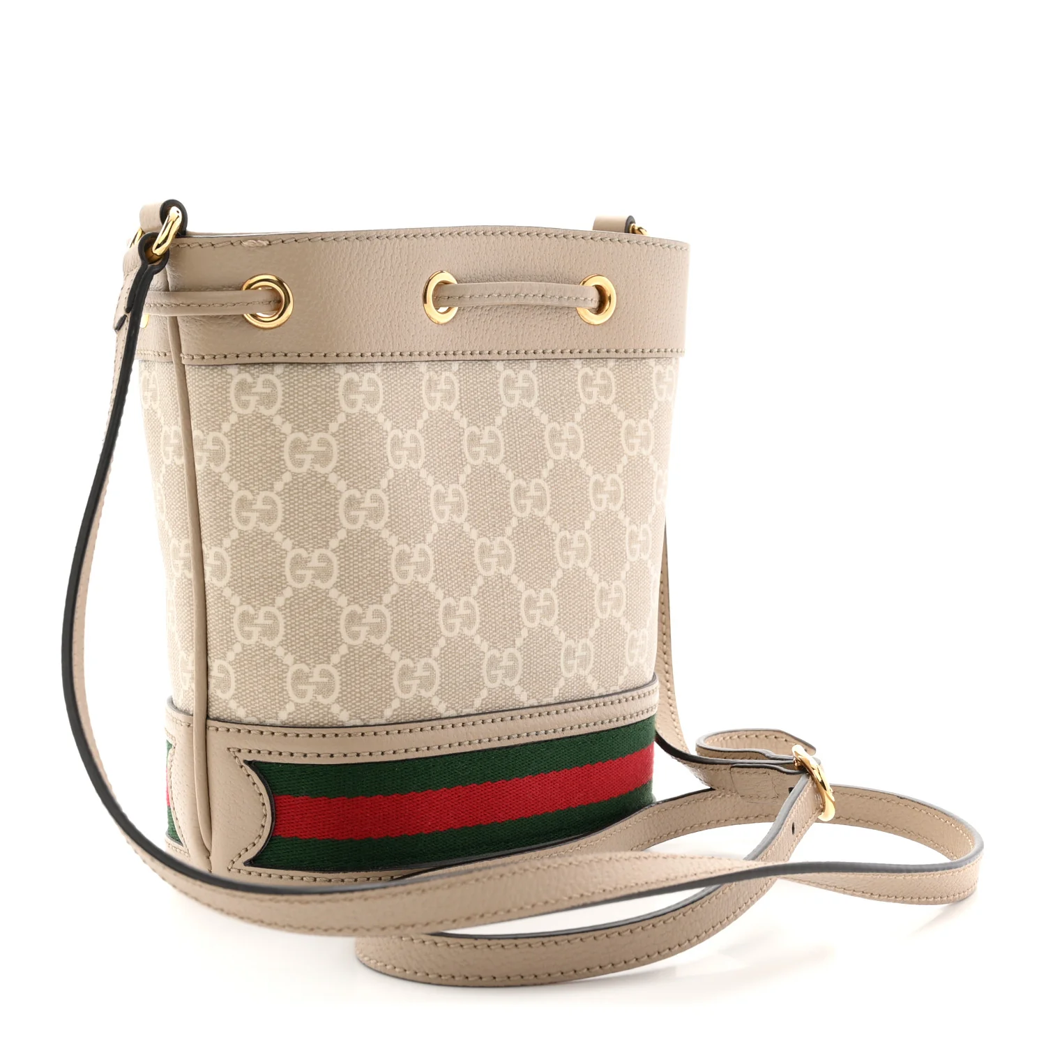 GG Supreme Monogram Textured Calfskin Web Mini Ophidia Bucket Bag Beige Ebony Mystic White Oatmeal - Image 3