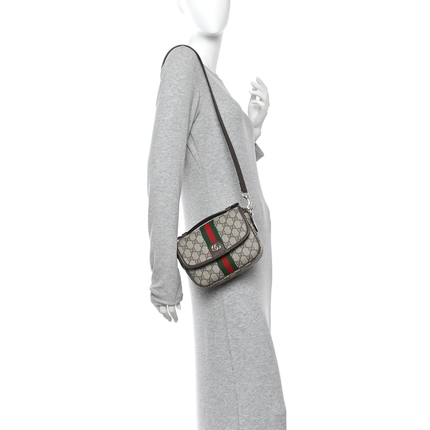GG Supreme Monogram Textured Dollar Calfskin Small Ophidia Top Handle Shoulder Bag Beige Brown - Image 2