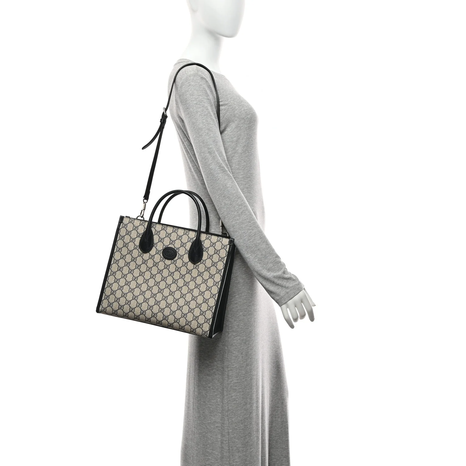 GG Supreme Monogram Textured Dollar Calfskin Small Retro Interlocking G Tote Bag Beige Blue - Image 2