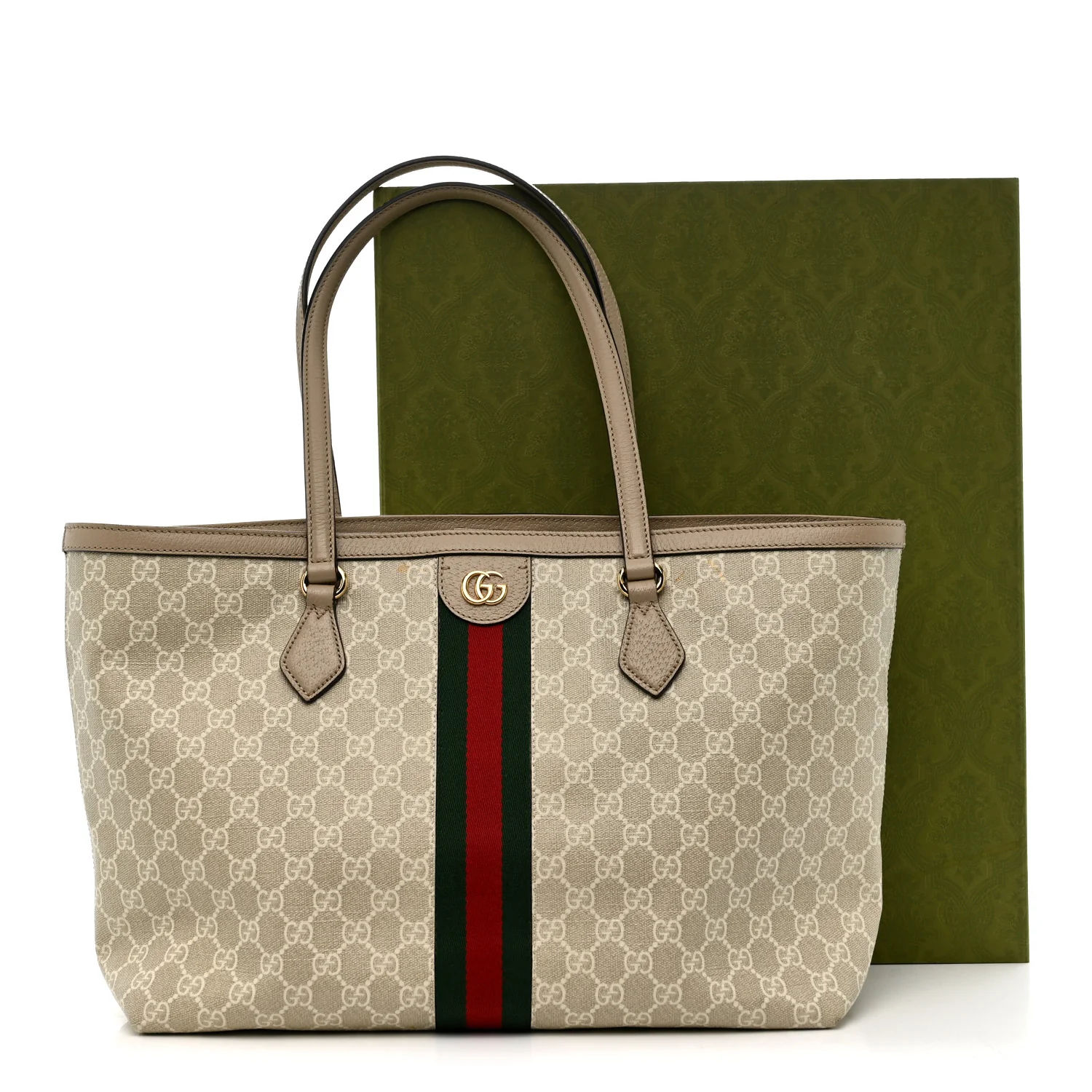 GG Supreme Monogram Textured Dollar Calfskin Web Medium Ophidia Shopping Tote Beige Mystic White Oatmeal - Image 15