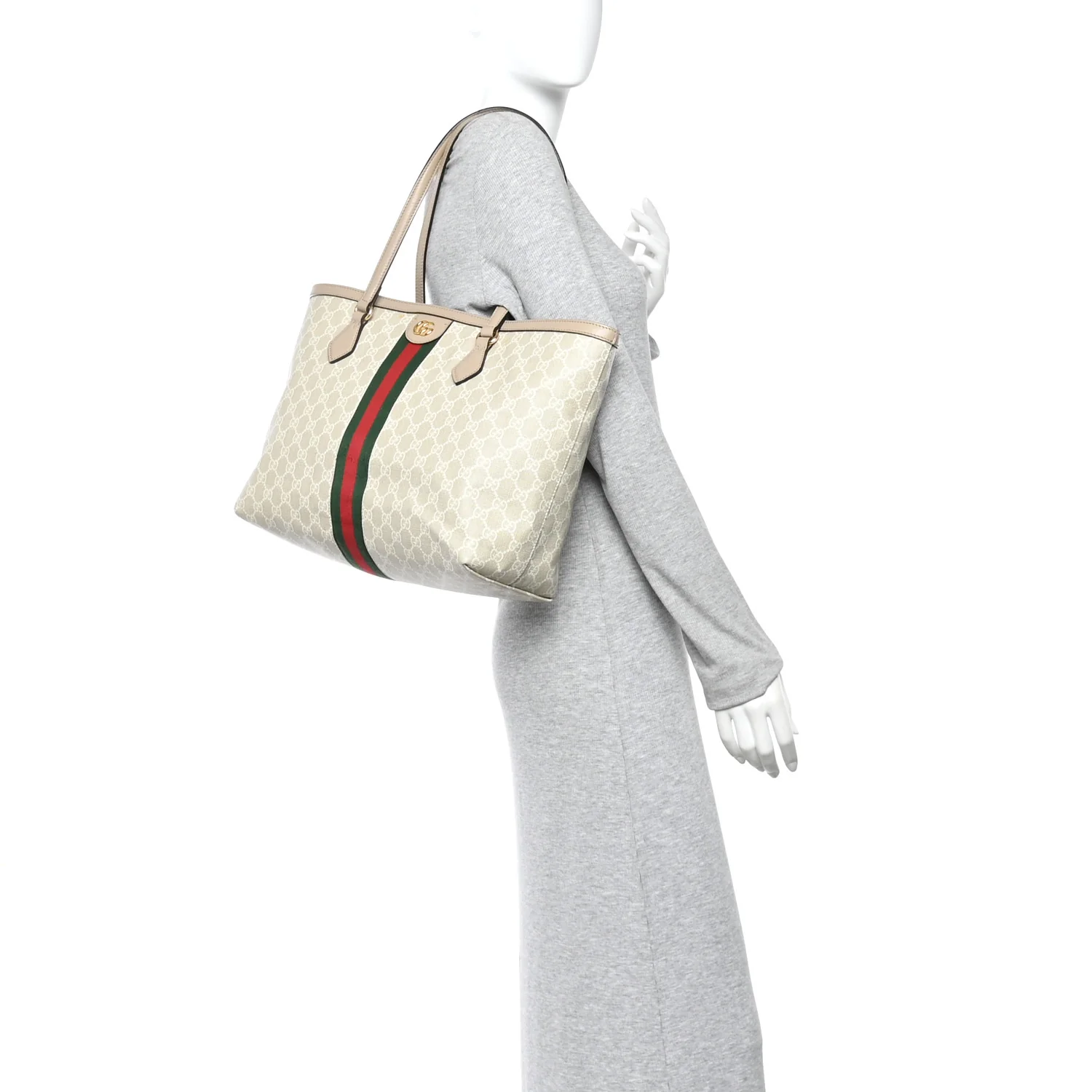 GG Supreme Monogram Textured Dollar Calfskin Web Medium Ophidia Shopping Tote Beige Mystic White Oatmeal - Image 2