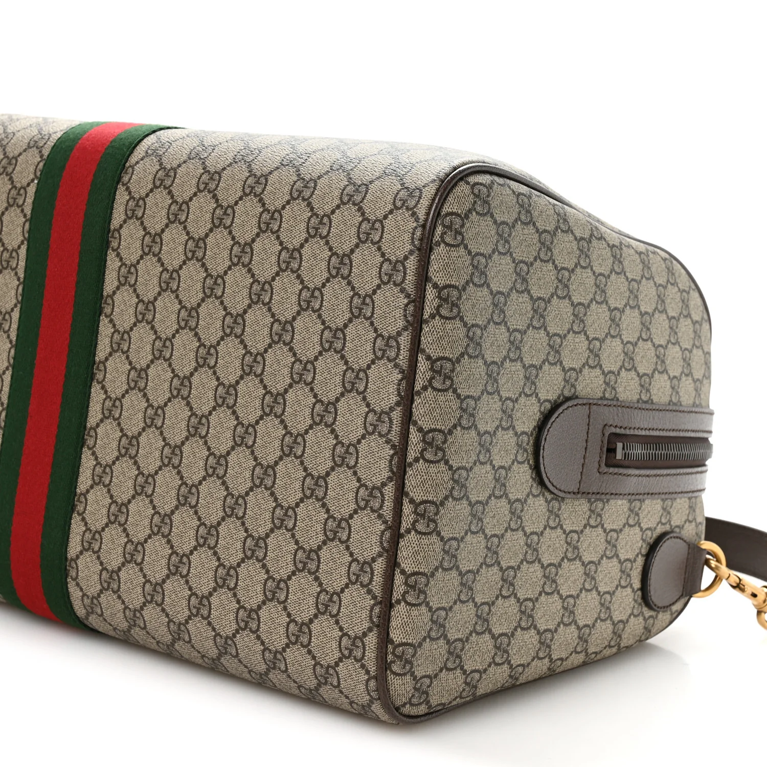 GG Supreme Monogram Textured Dollar Calfskin Web Medium Savoy Duffle Bag Beige Dark Brown - Image 9