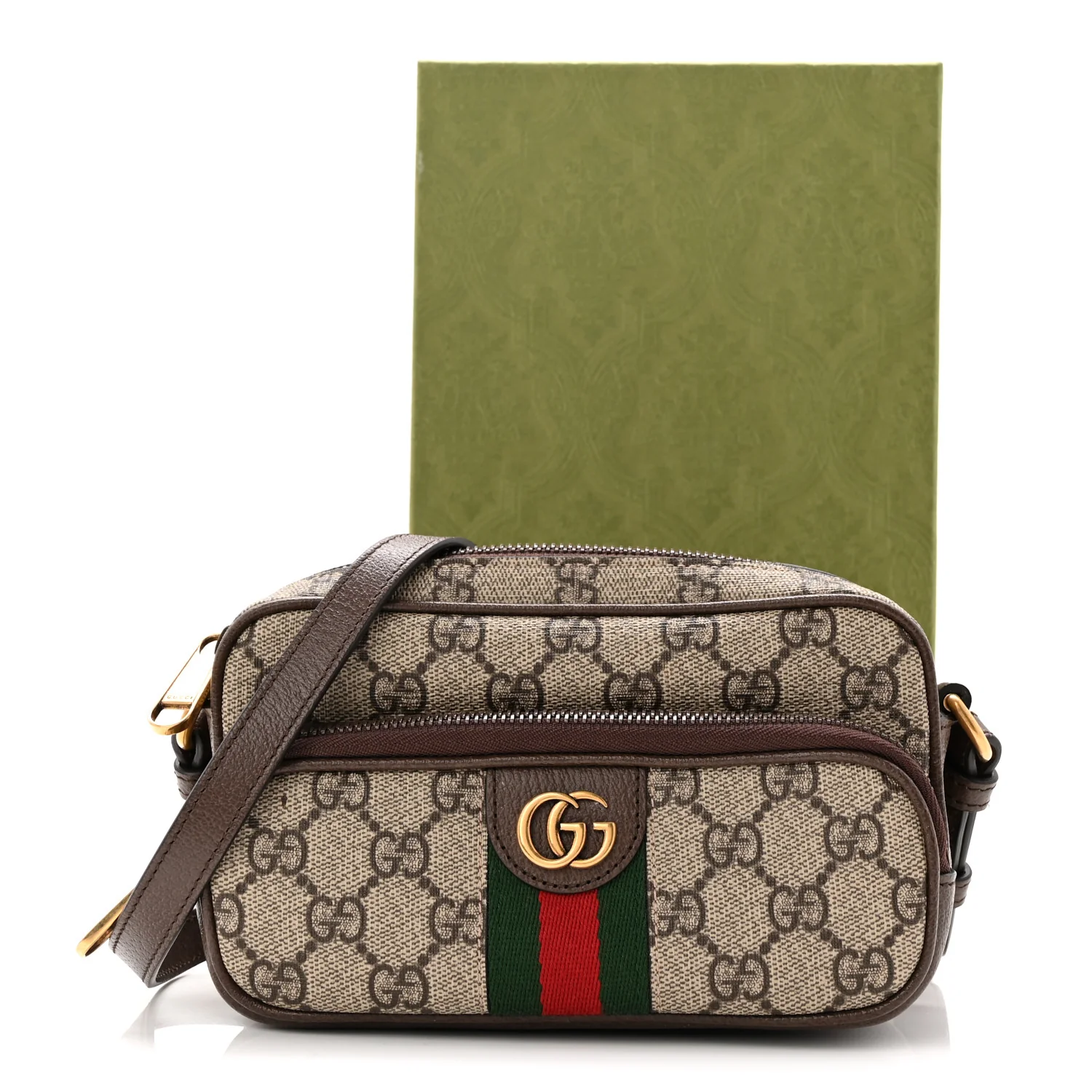 GG Supreme Monogram Textured Dollar Calfskin Web Mini Ophidia Convertible Shoulder Bag Beige Ebony New Acero - Image 11