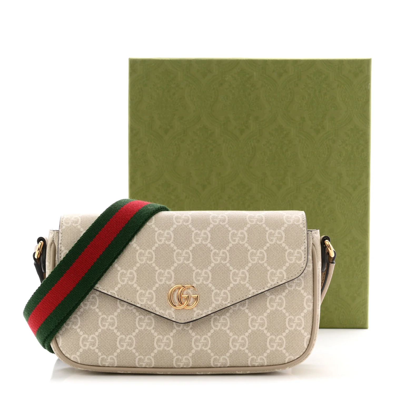 GG Supreme Monogram Textured Dollar Calfskin Web Mini Ophidia Envelope Shoulder Bag Beige Mystic White Oatmeal - Image 12