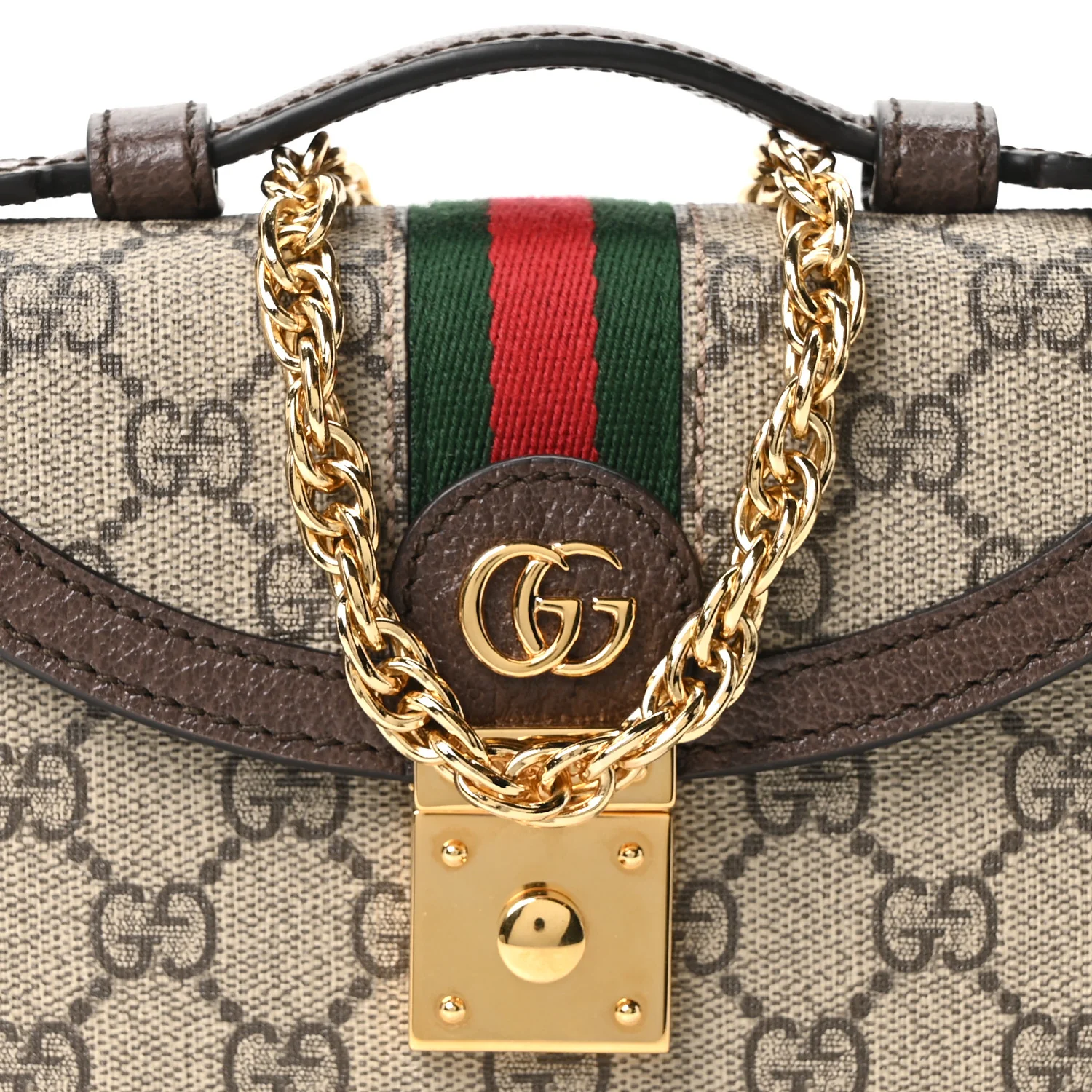 GG Supreme Monogram Textured Dollar Calfskin Web Mini Ophidia Padlock Top Handle Chain Shoulder Bag Beige Ebony New Acero - Image 8