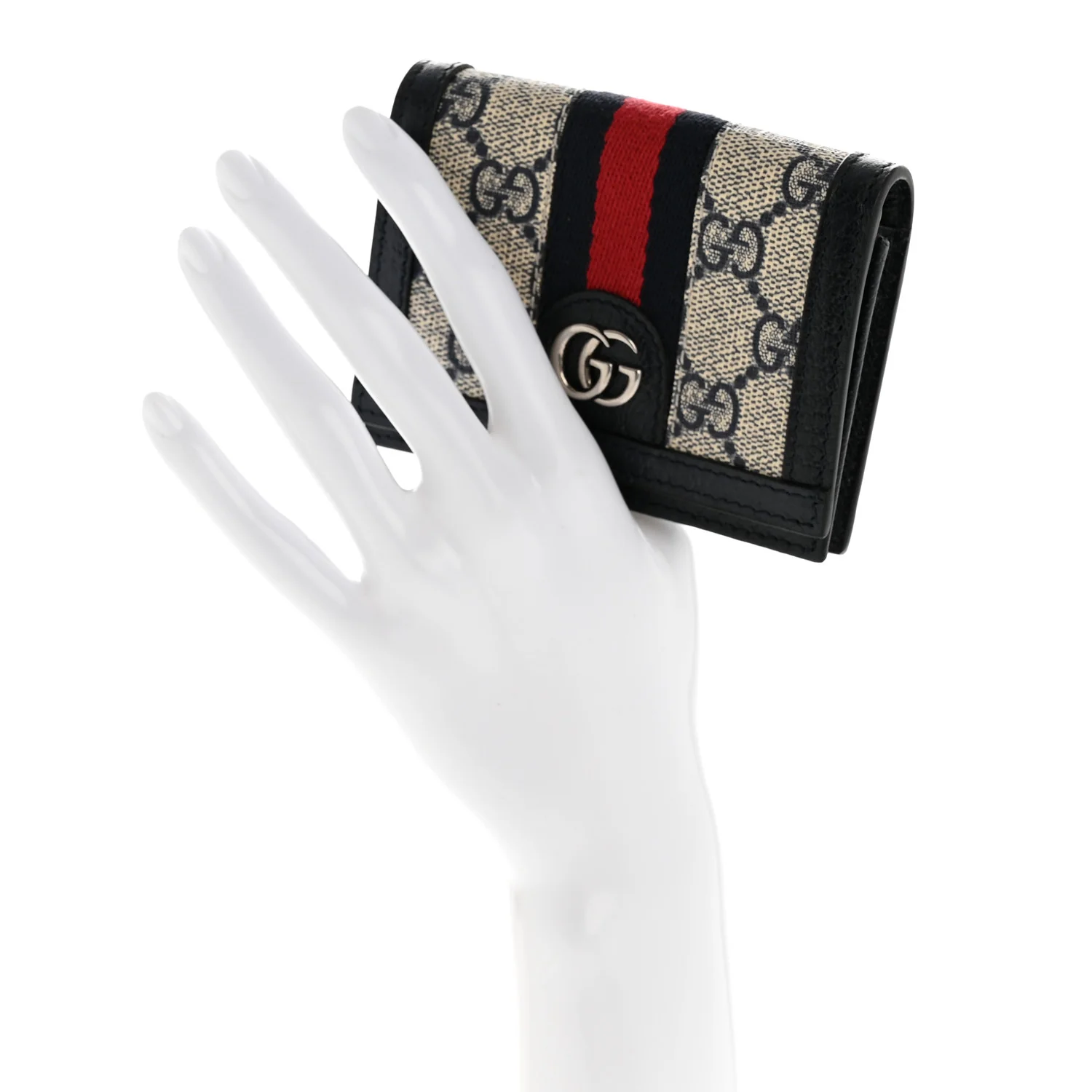 GG Supreme Monogram Textured Dollar Calfskin Web Ophidia Card Case Beige Blue - Image 2