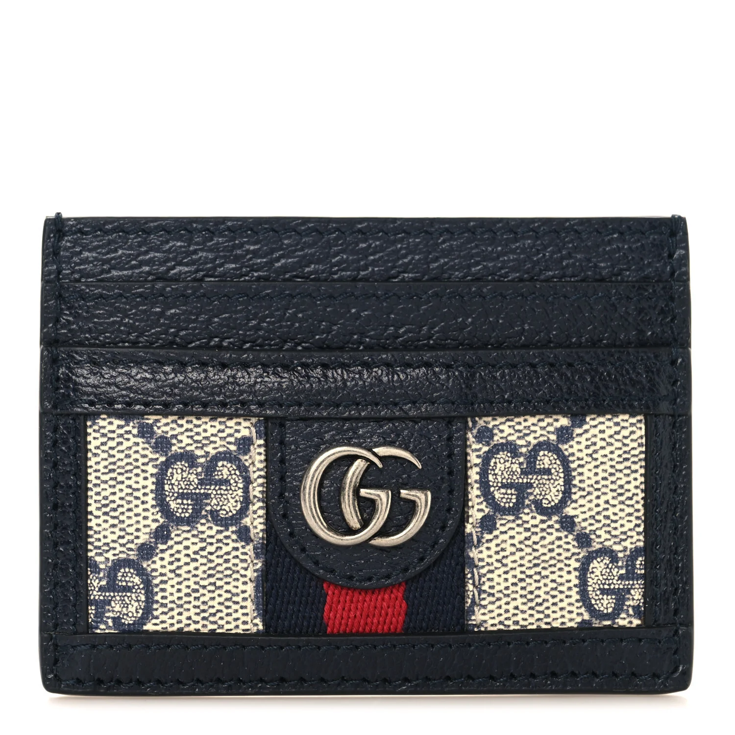 GG Supreme Monogram Textured Dollar Calfskin Web Ophidia Card Holder Beige Blue