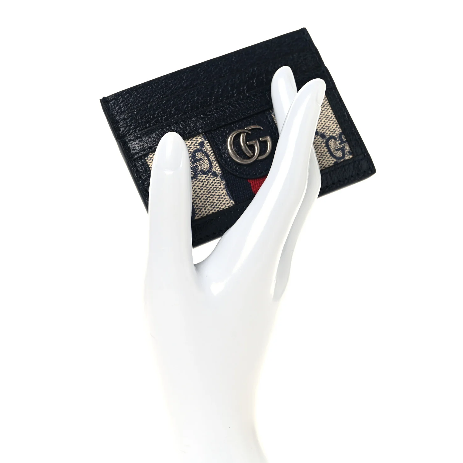 GG Supreme Monogram Textured Dollar Calfskin Web Ophidia Card Holder Beige Blue - Image 2