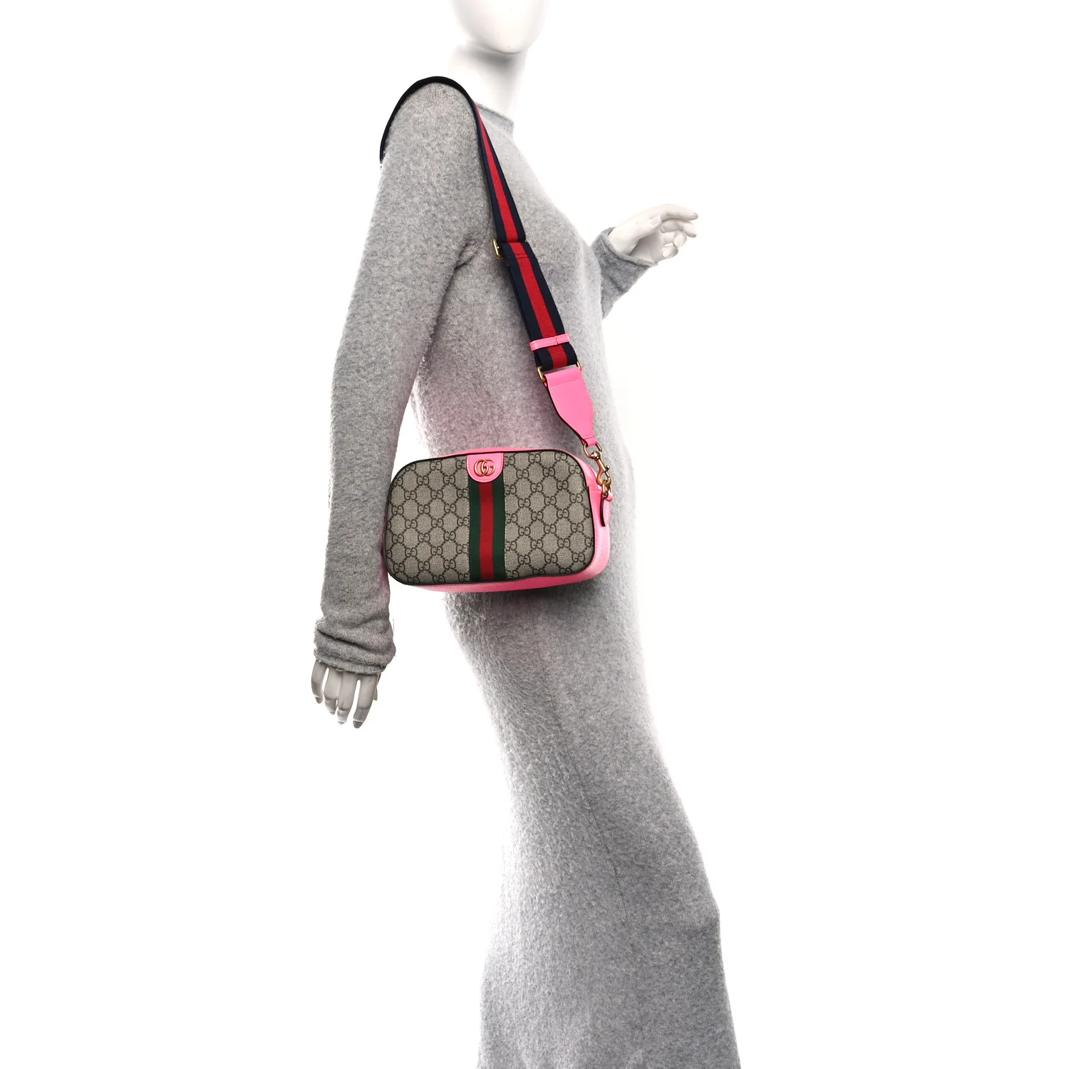 GG Supreme Monogram Textured Dollar Calfskin Web Ophidia Small Crossbody Bag Beige Ebony Fuchsia - Image 2