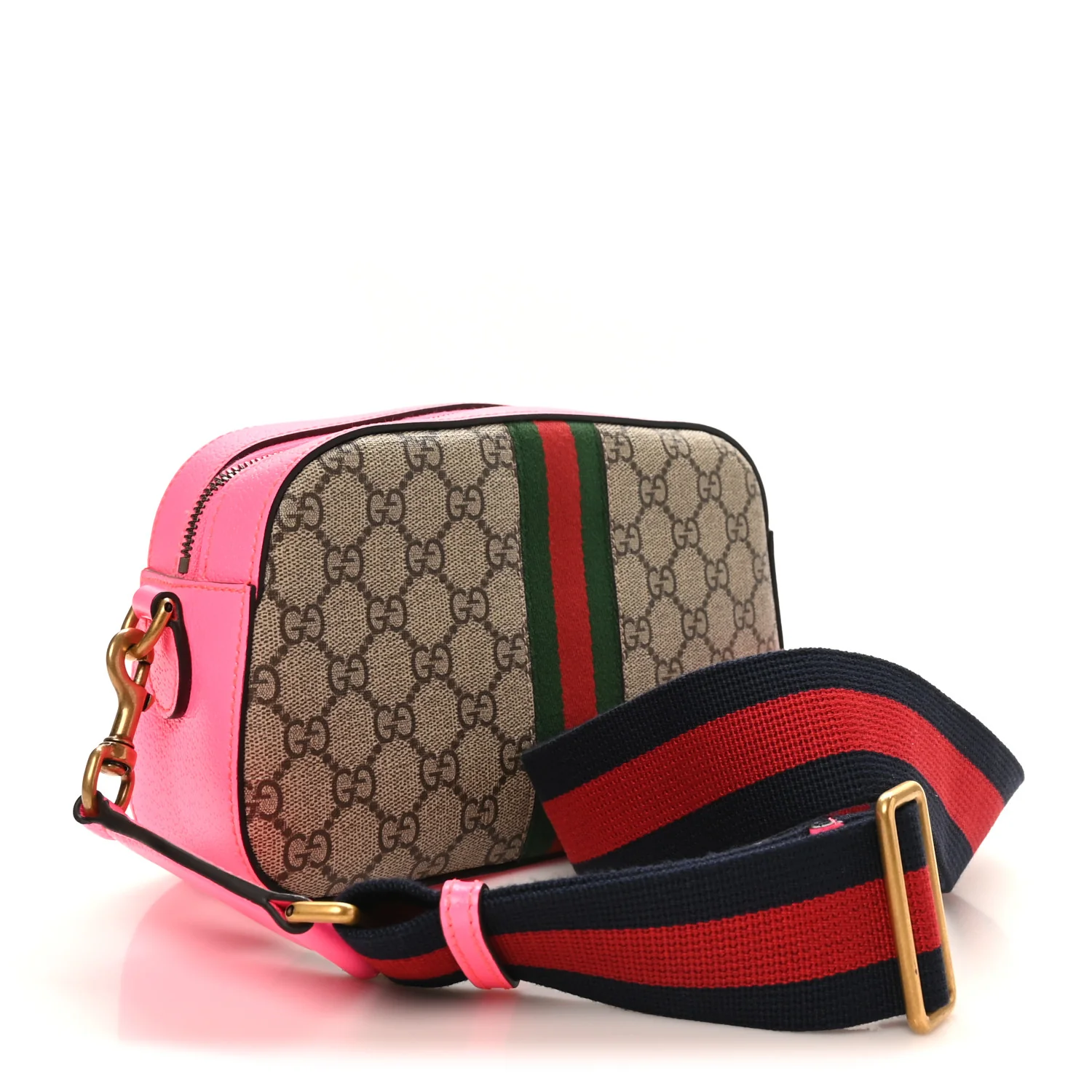 GG Supreme Monogram Textured Dollar Calfskin Web Ophidia Small Crossbody Bag Beige Ebony Fuchsia - Image 3