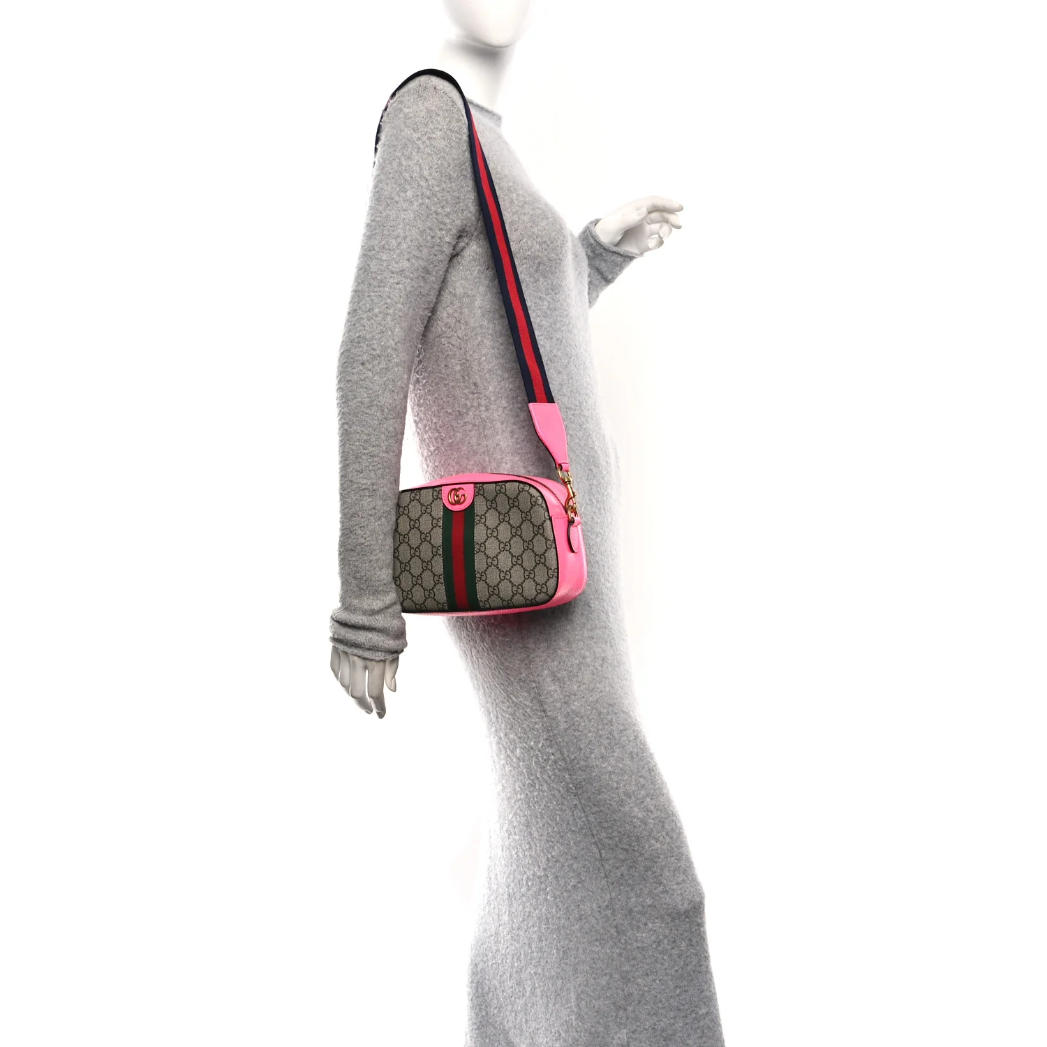 GG Supreme Monogram Textured Dollar Calfskin Web Ophidia Small Crossbody Bag Beige Ebony Fuchsia - Image 2