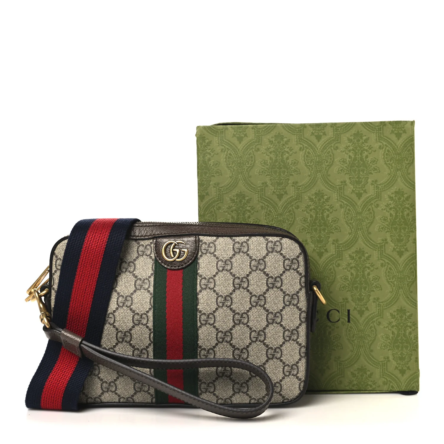 GG Supreme Monogram Textured Dollar Calfskin Web Ophidia Wristlet Shoulder Bag Beige Ebony New Acero - Image 11