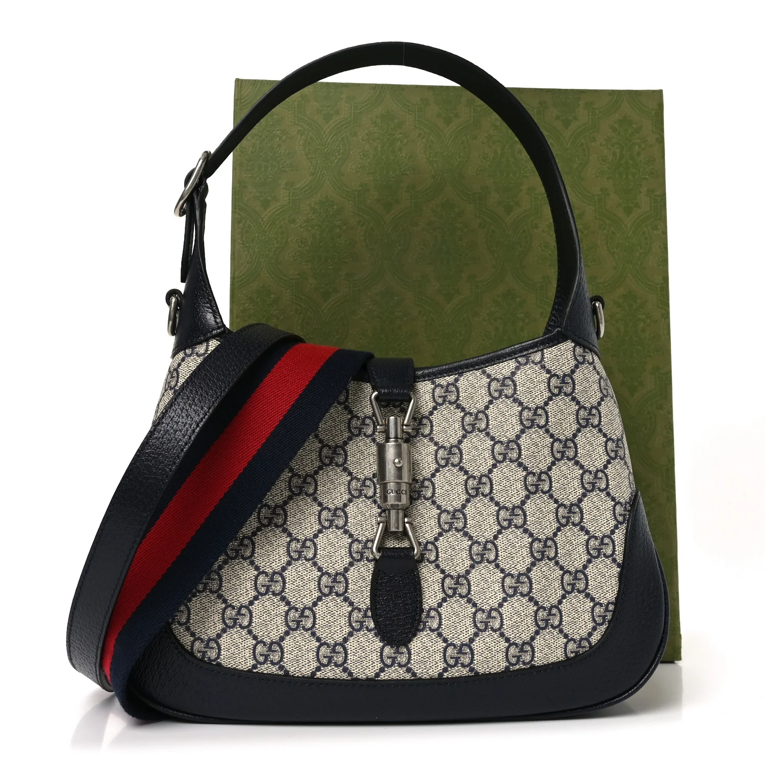 GG Supreme Monogram Textured Dollar Calfskin Web Small Jackie 1961 Hobo Beige Blue - Image 11