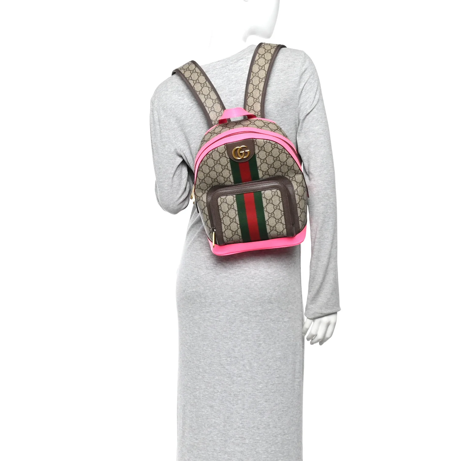 GG Supreme Monogram Textured Dollar Calfskin Web Small Ophidia Day Backpack Beige Ebony Fluorescent Fuchsia - Image 2