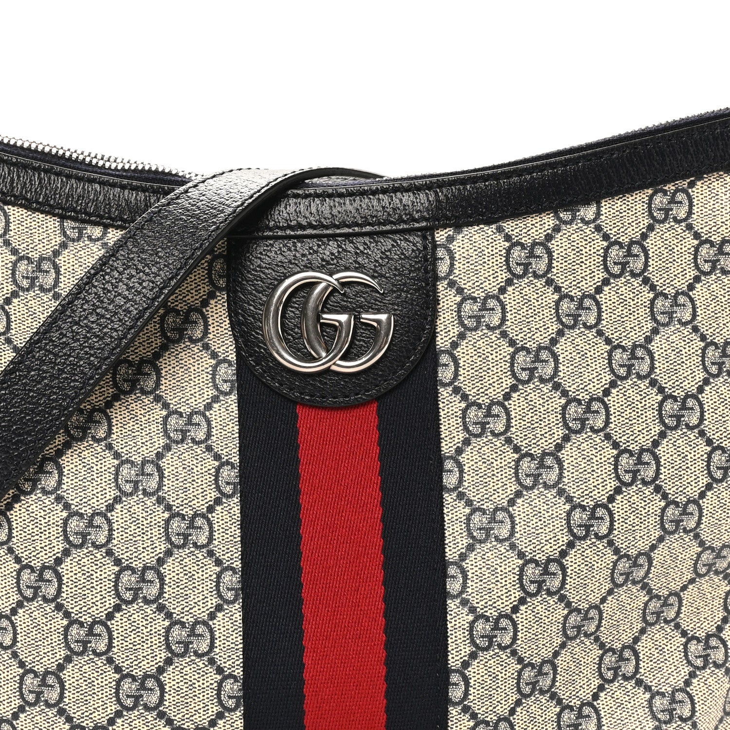 GG Supreme Monogram Textured Dollar Calfskin Web Small Ophidia Half Moon Hobo Beige Blue - Image 8