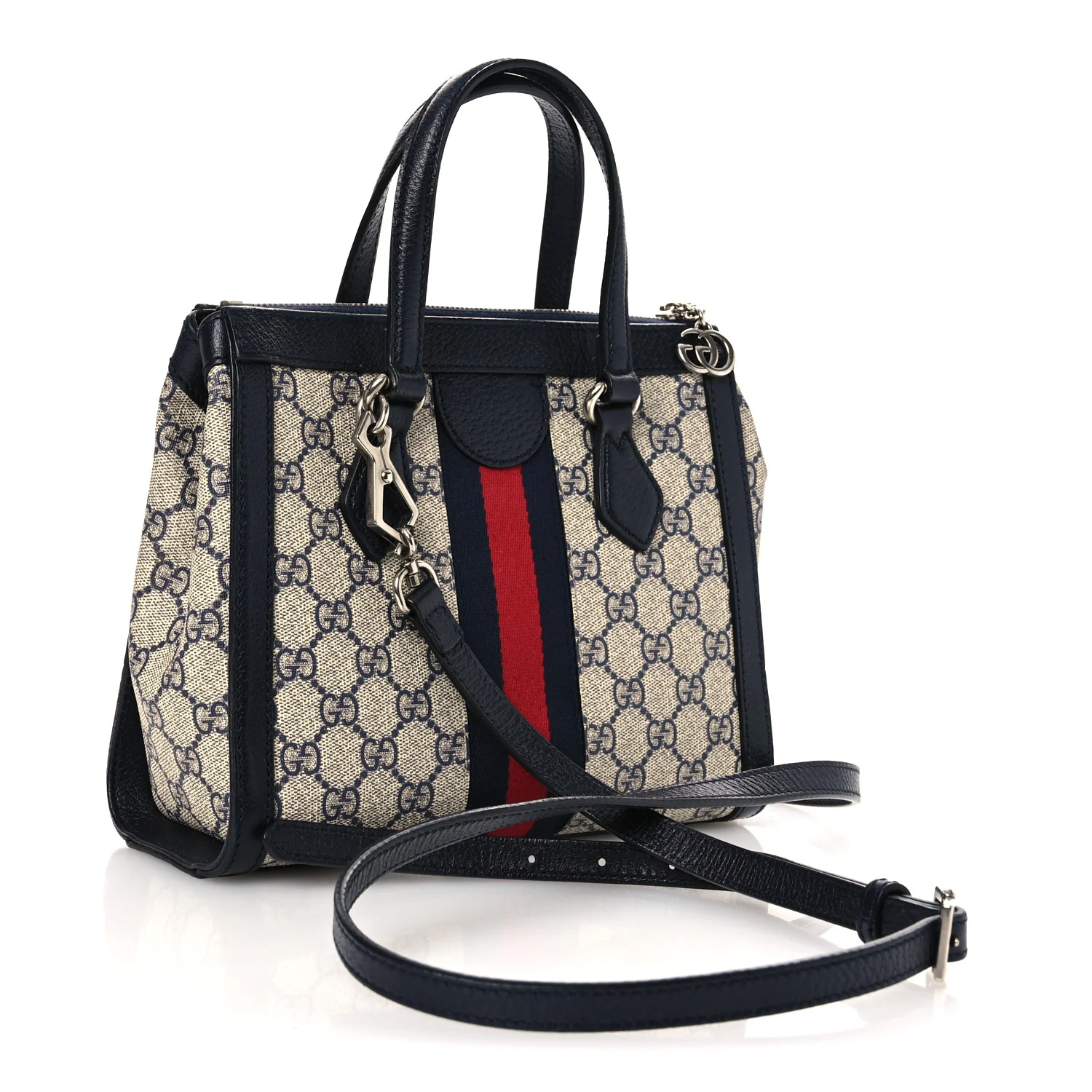 GG Supreme Monogram Textured Dollar Calfskin Web Small Ophidia Tote Bag Beige Blue - Image 3