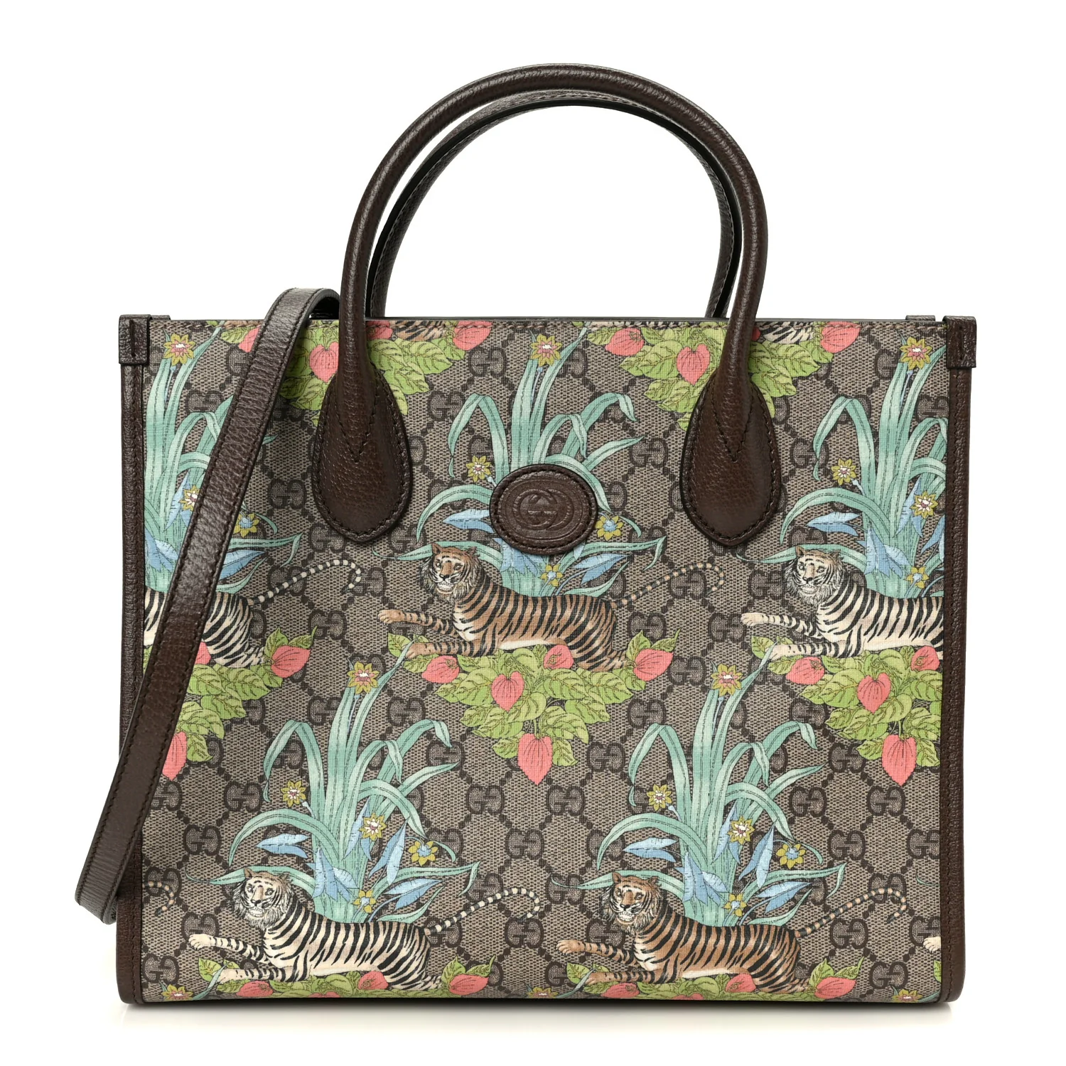 GG Supreme Monogram Tiger Savanah Textured Dollar Calfskin Small Retro Interlocking G Tote Bag Beige Ebony Multicolor New Acero