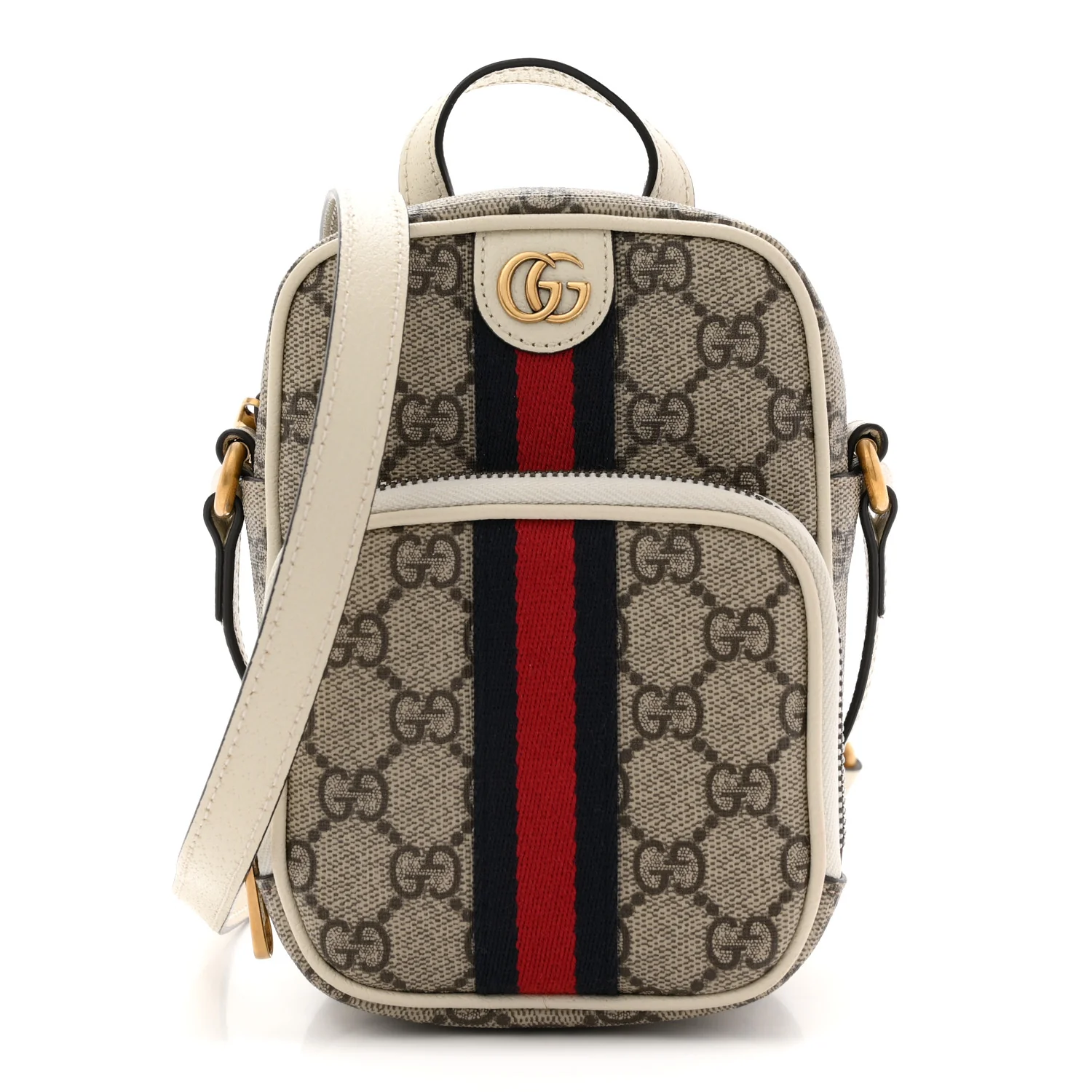 GG Supreme Monogram Web Mini Ophidia Double Zip Messenger Bag Beige Ebony Mystic White