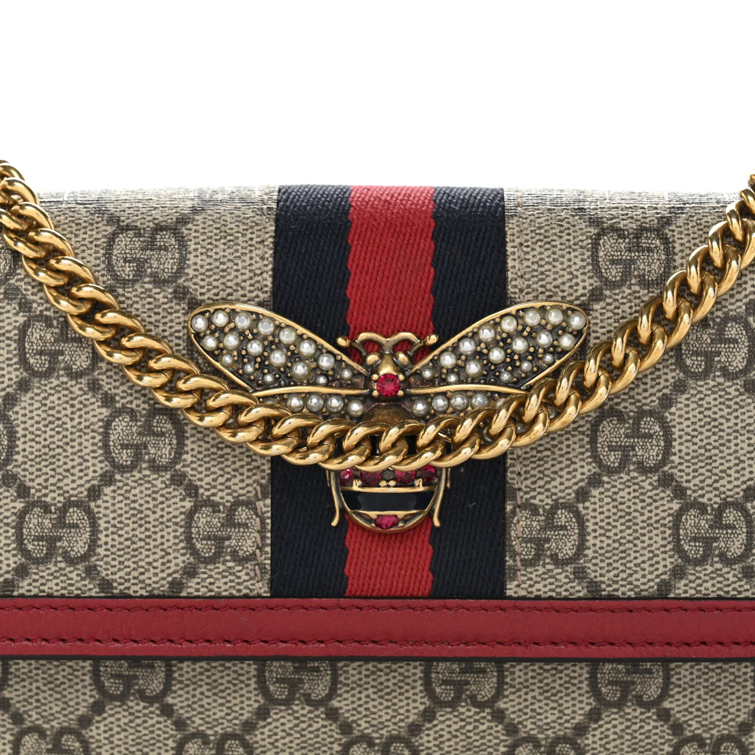 GG Supreme Monogram Web Queen Margaret Chain Wallet Red - Image 7