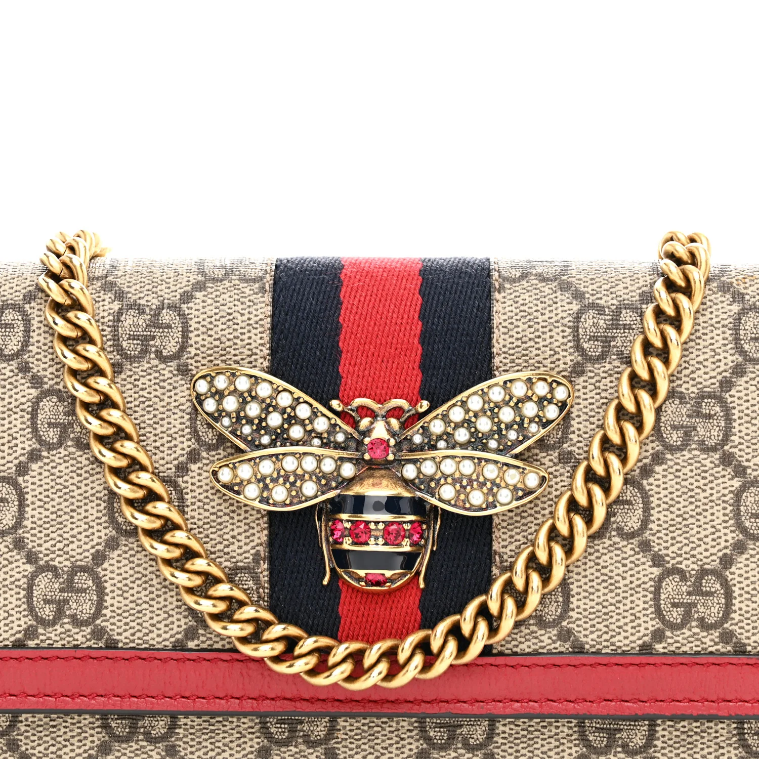 GG Supreme Monogram Web Queen Margaret Chain Wallet Red - Image 7