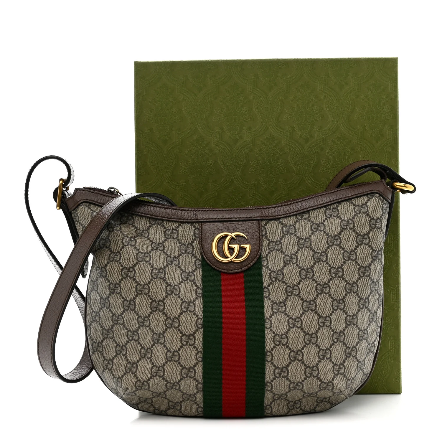 GG Supreme Monogram Web Small Ophidia Half Moon Hobo Brown - Image 11