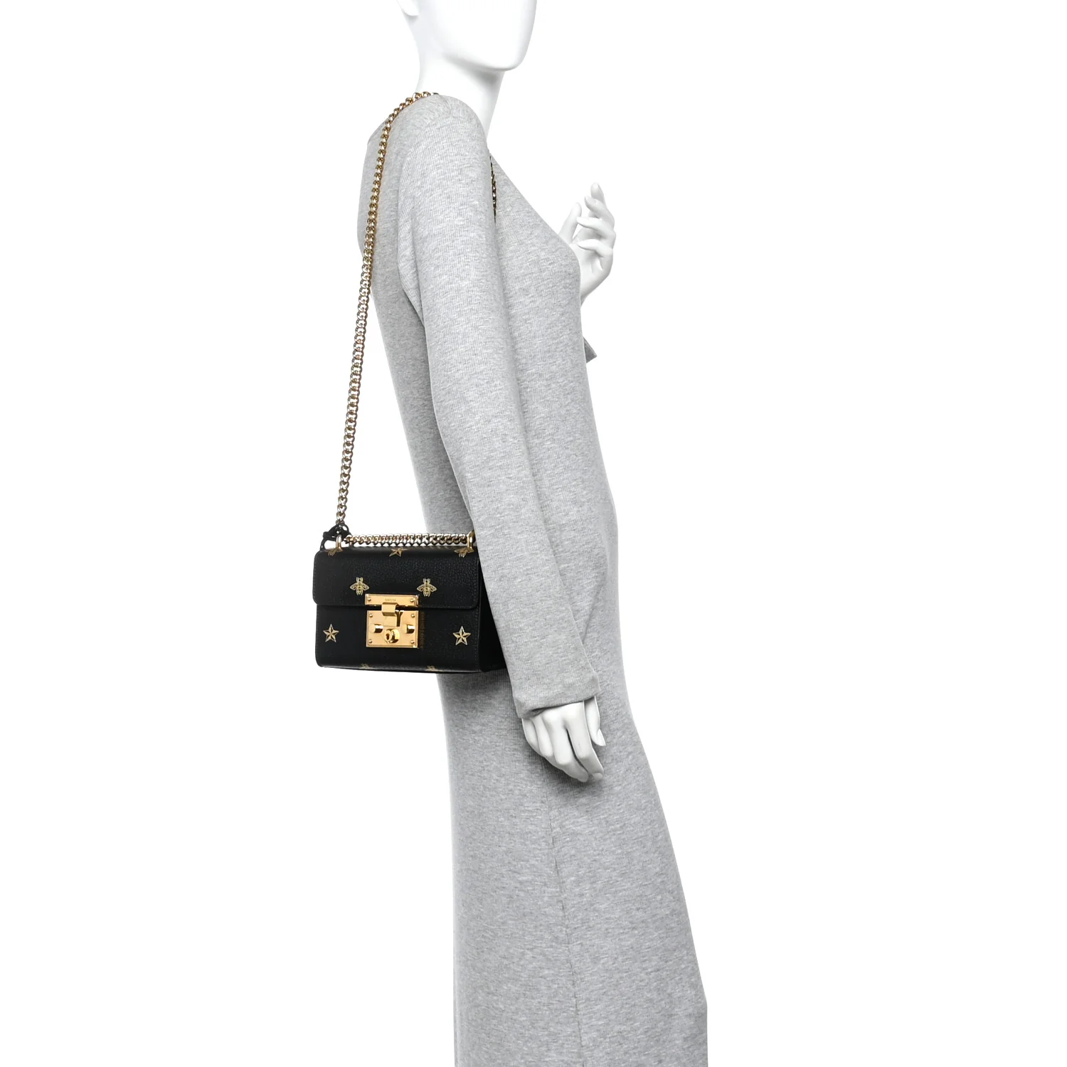 Grained Calfskin Bee Star Small Padlock Shoulder Bag Black - Image 2