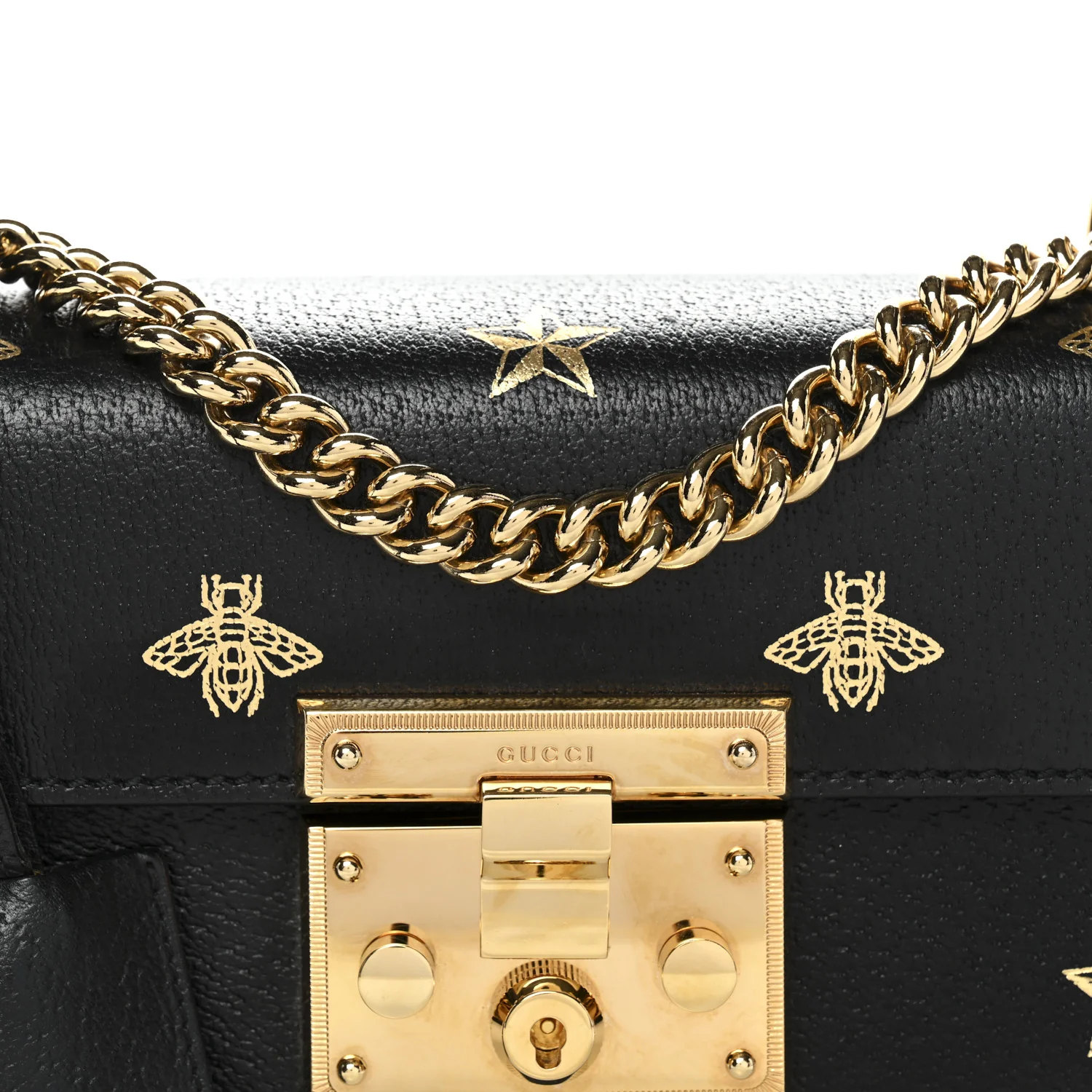 Grained Calfskin Bee Star Small Padlock Shoulder Bag Black - Image 8