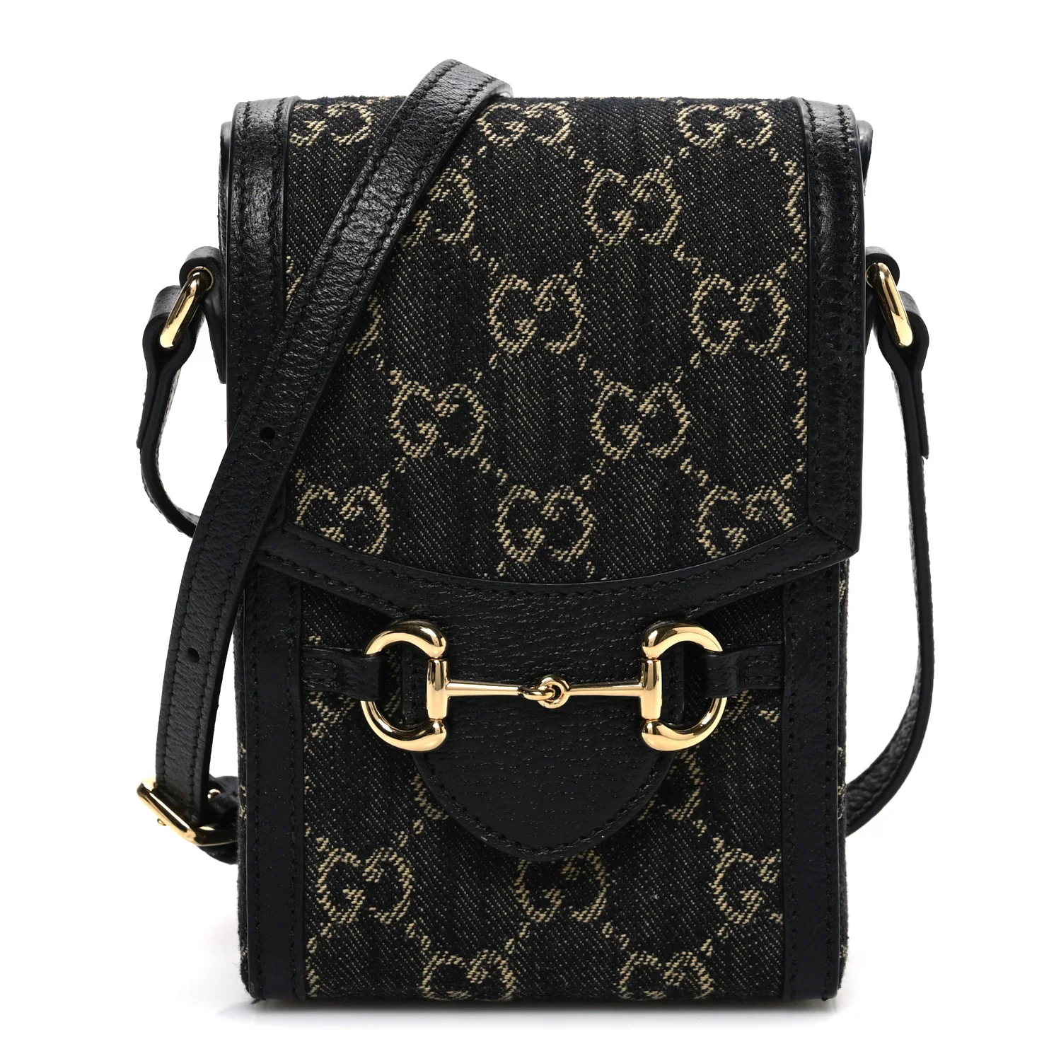 Jacquard Black Denim GG Monogram Textured Dollar Calfskin Mini Horsebit 1955 Crossbody Bag Black Ivory