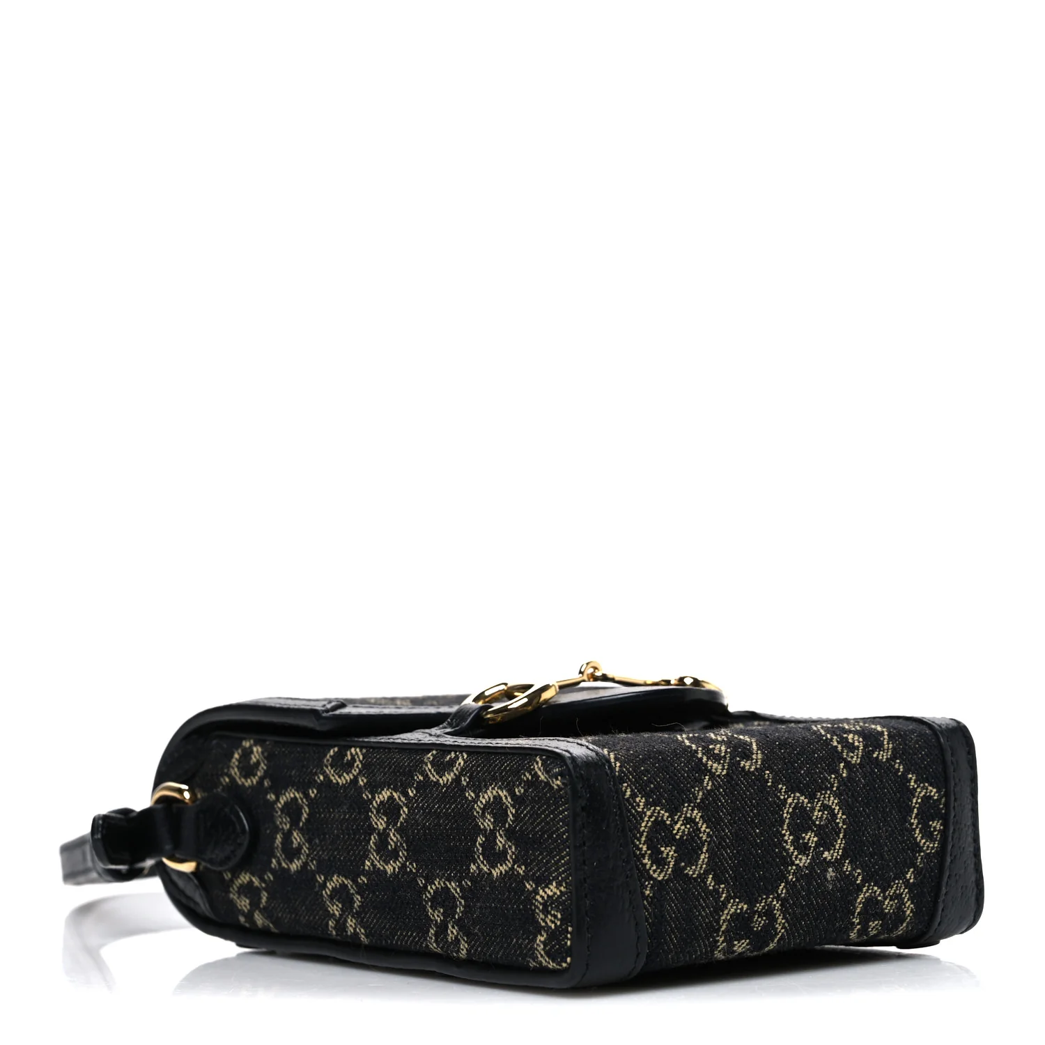 Jacquard Black Denim GG Monogram Textured Dollar Calfskin Mini Horsebit 1955 Crossbody Bag Black Ivory - Image 3
