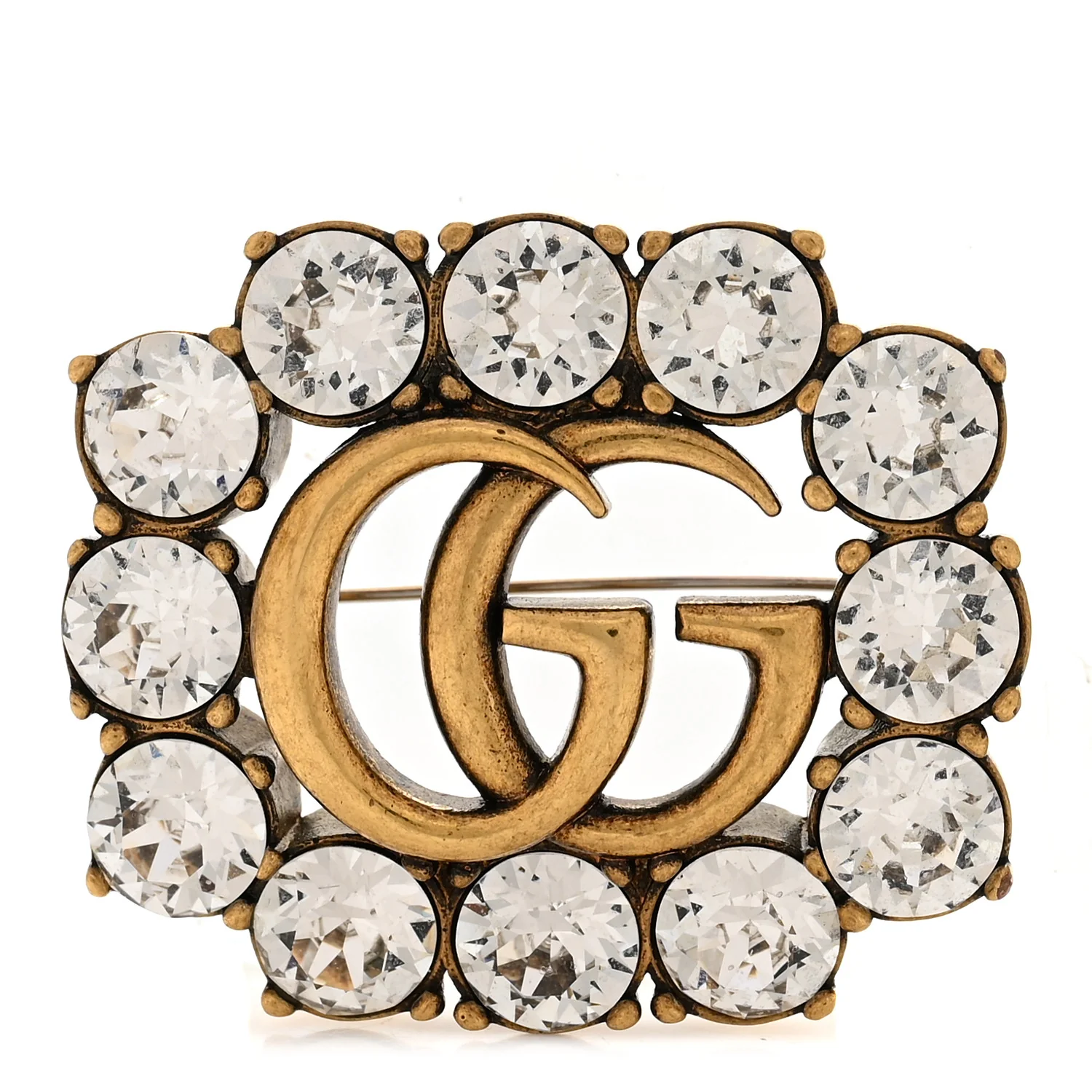 Metal Crystal Double G Brooch Aged Gold