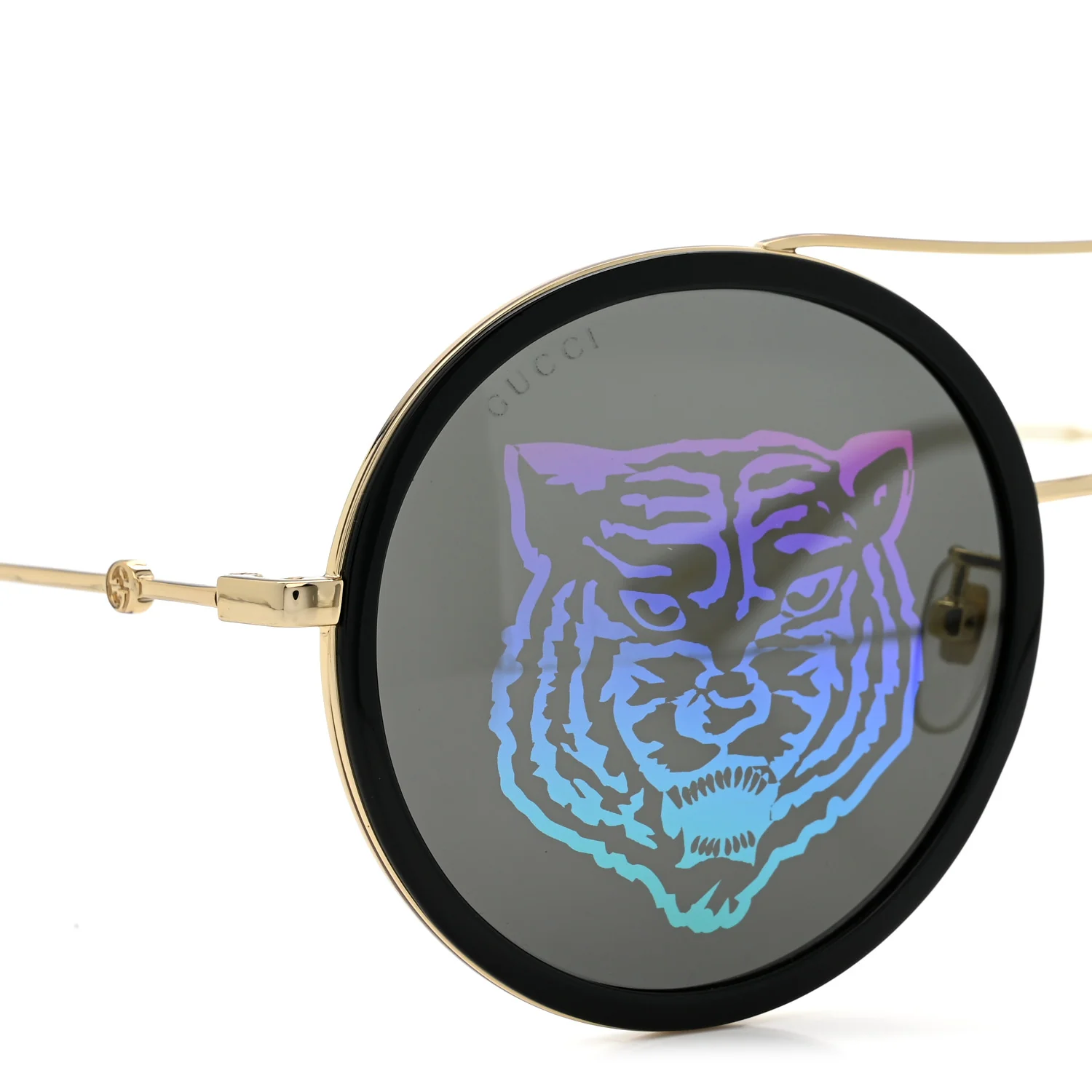 Metal Round Frame Tiger Print Sunglasses GG0061S Gold - Image 7