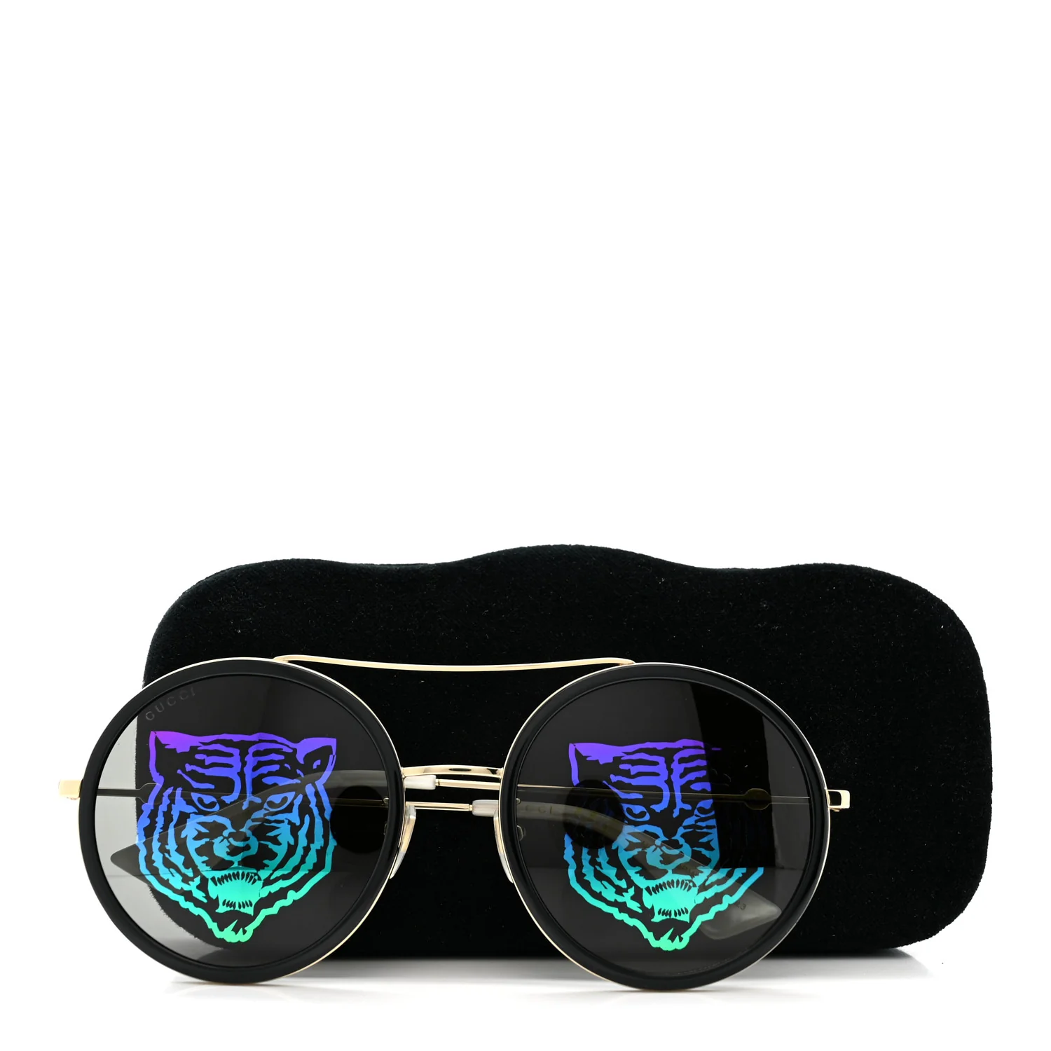 Metal Round Frame Tiger Print Sunglasses GG0061S Gold - Image 8