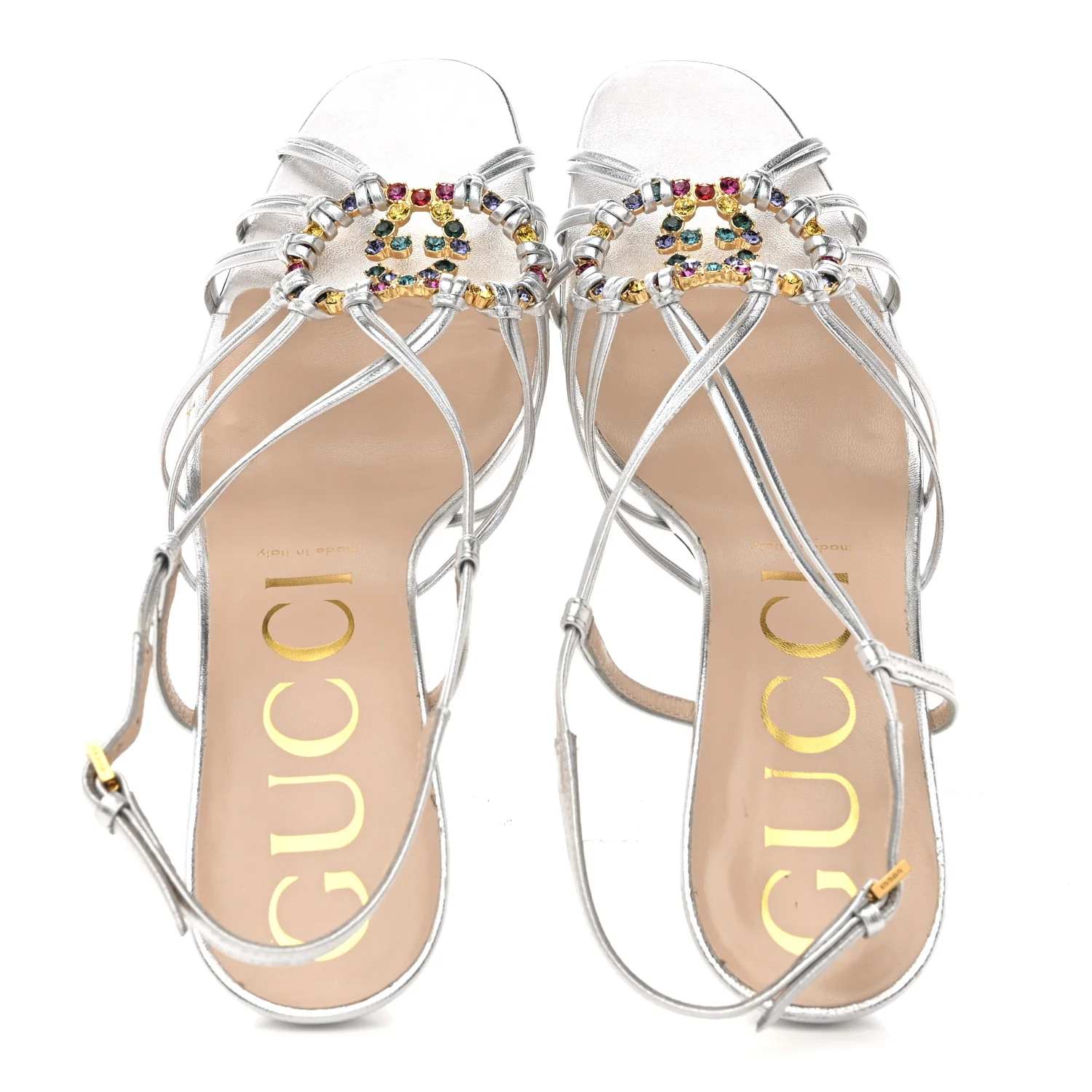 Metallic Nappa Silk Crystal GG Isa Ankle Strap Mid Heel Sandals 39.5 Silver - Image 2